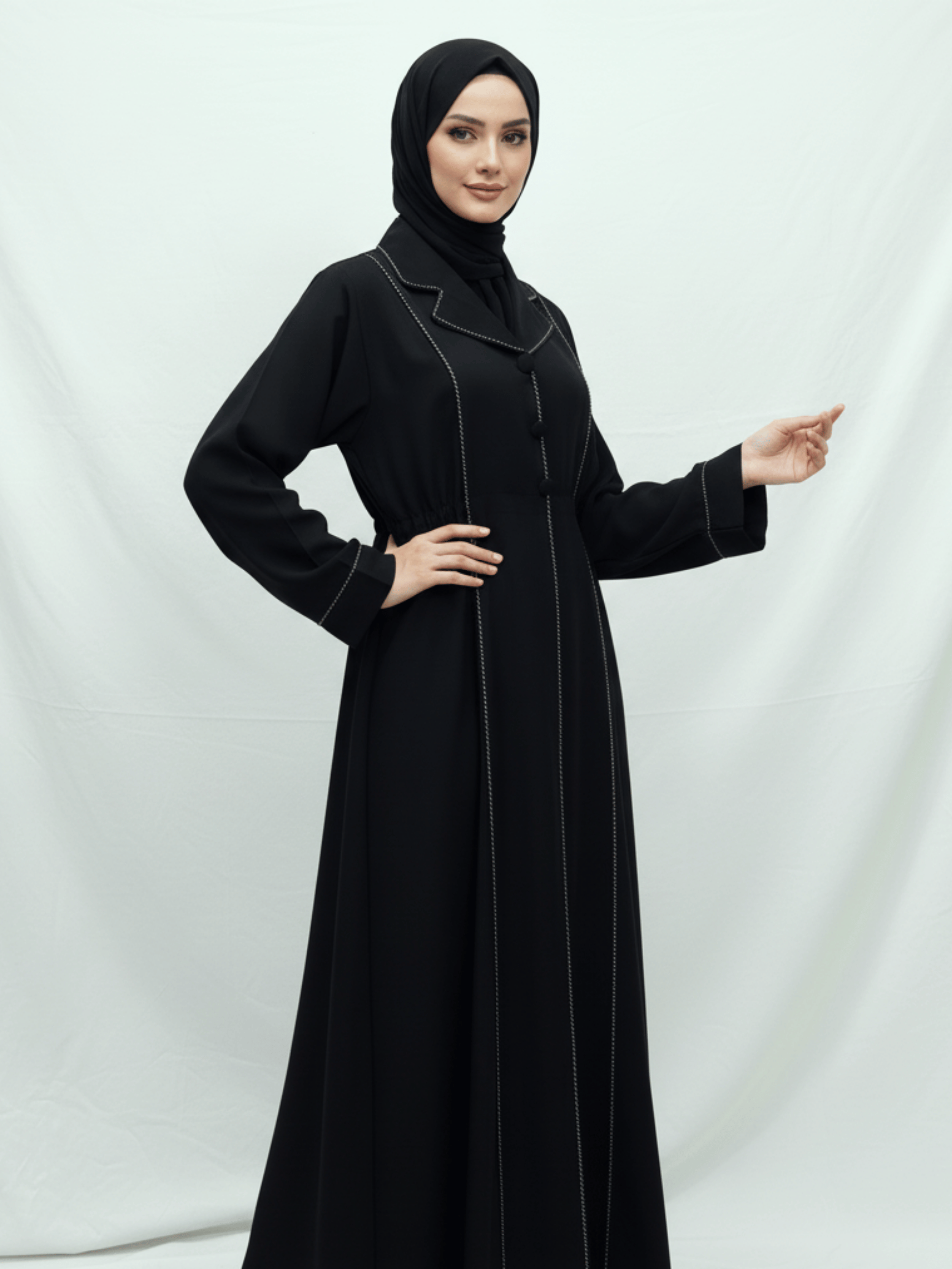 ZW 172 Lina Black Abaya with Contrast Stitch Detailing