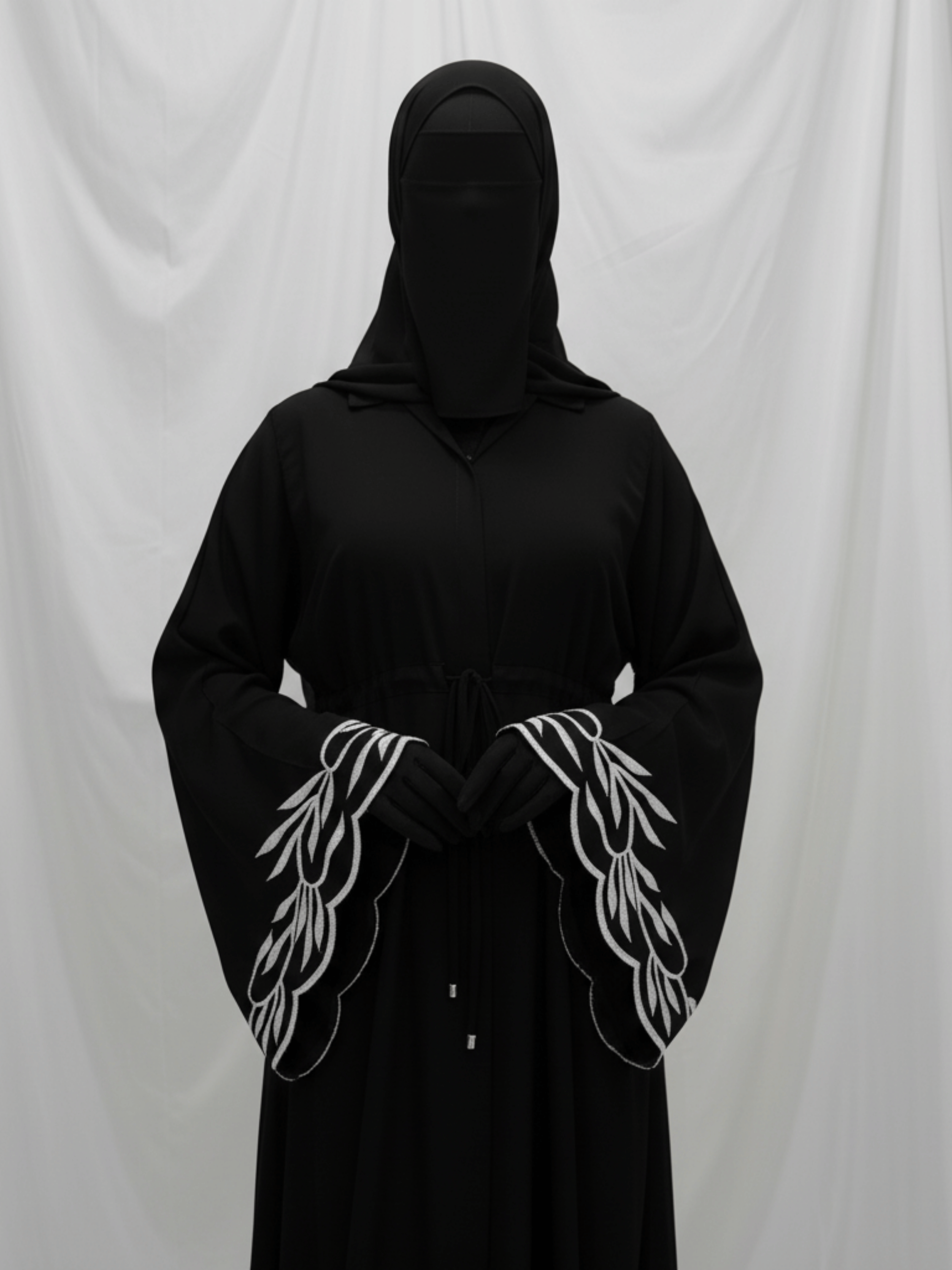 ZW 189 Safa Black Abaya with Silver Leaf Embroidery