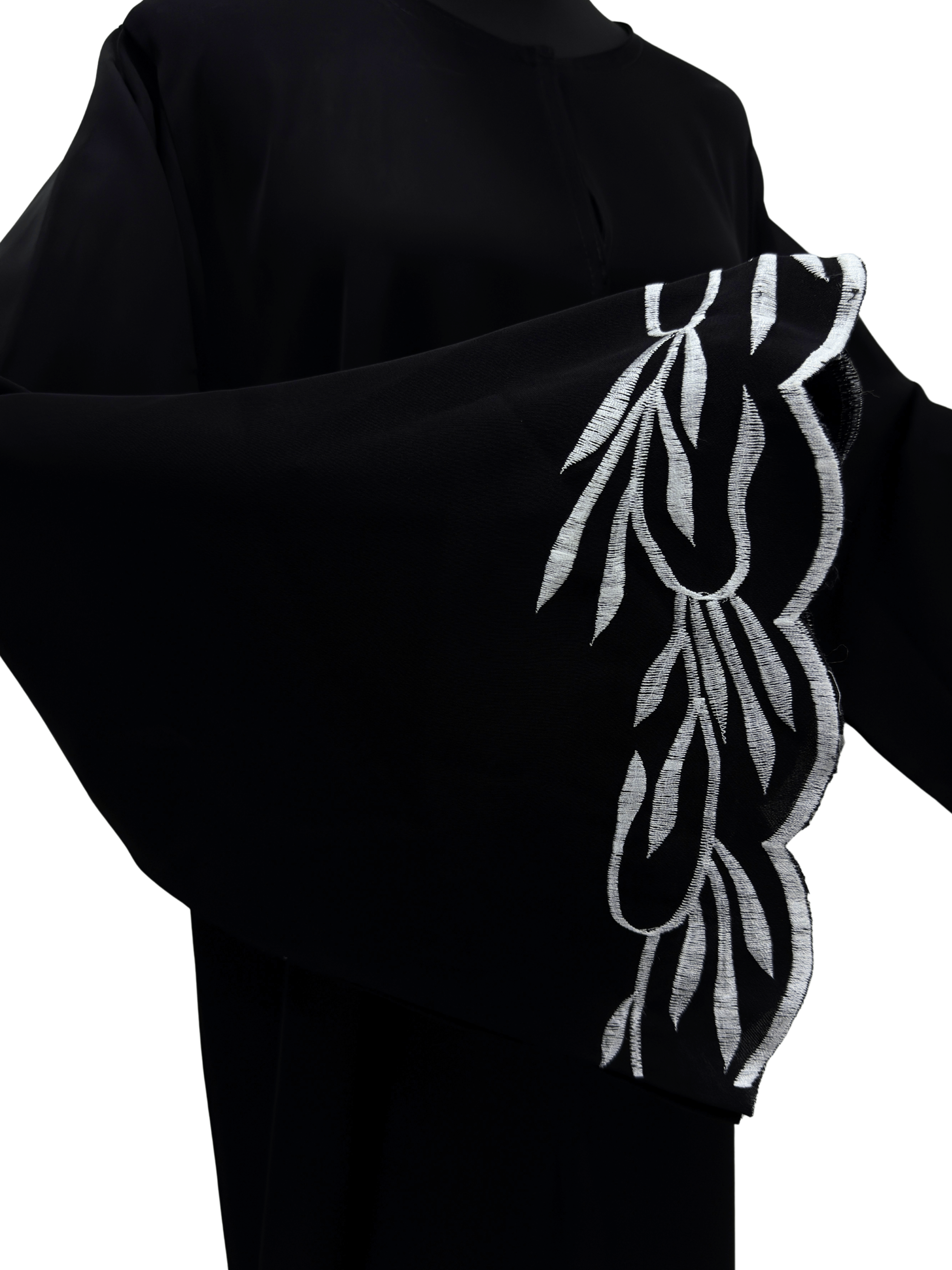 ZW 189 Safa Black Abaya with Silver Leaf Embroidery