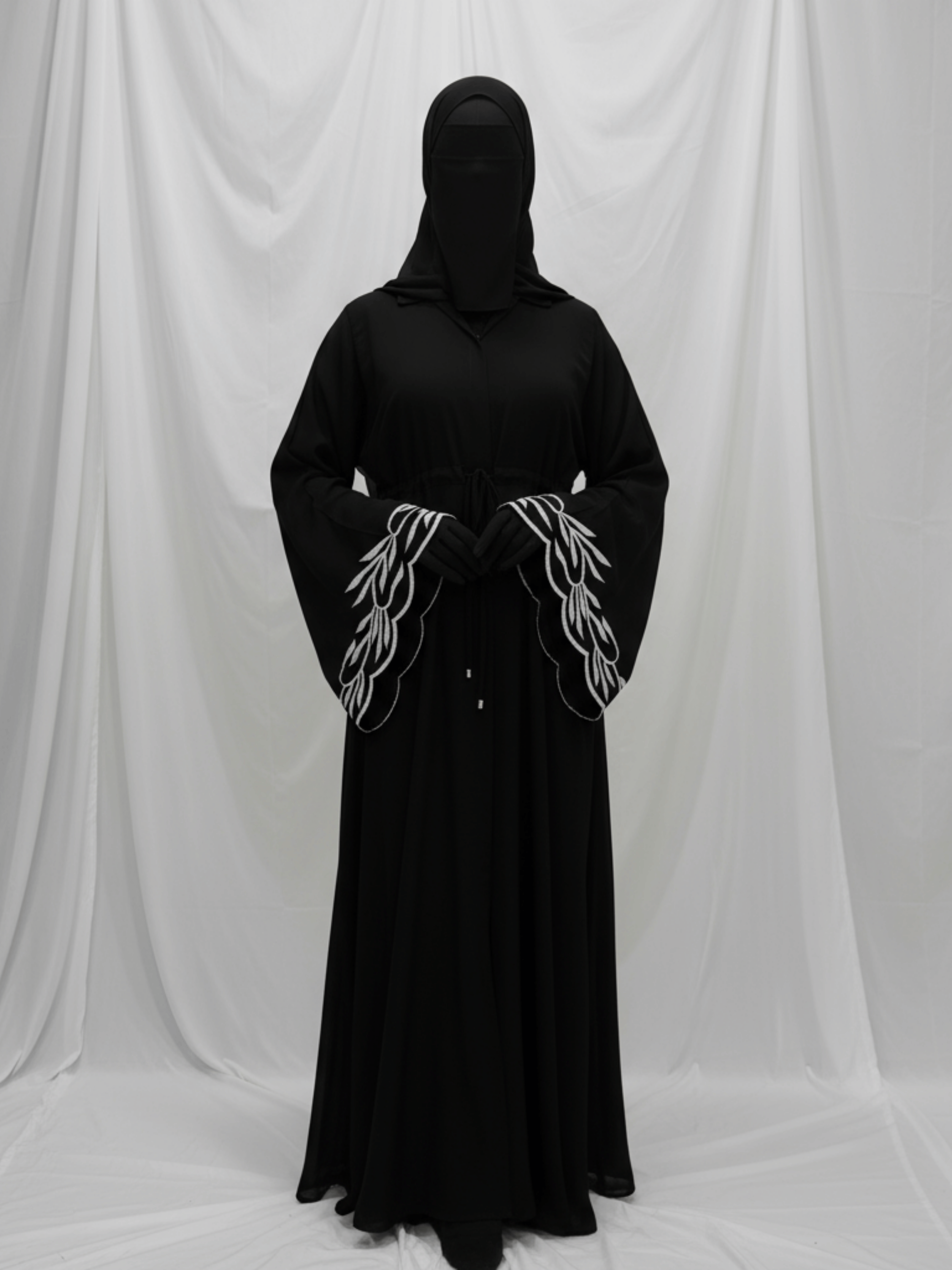 ZW 189 Safa Black Abaya with Silver Leaf Embroidery