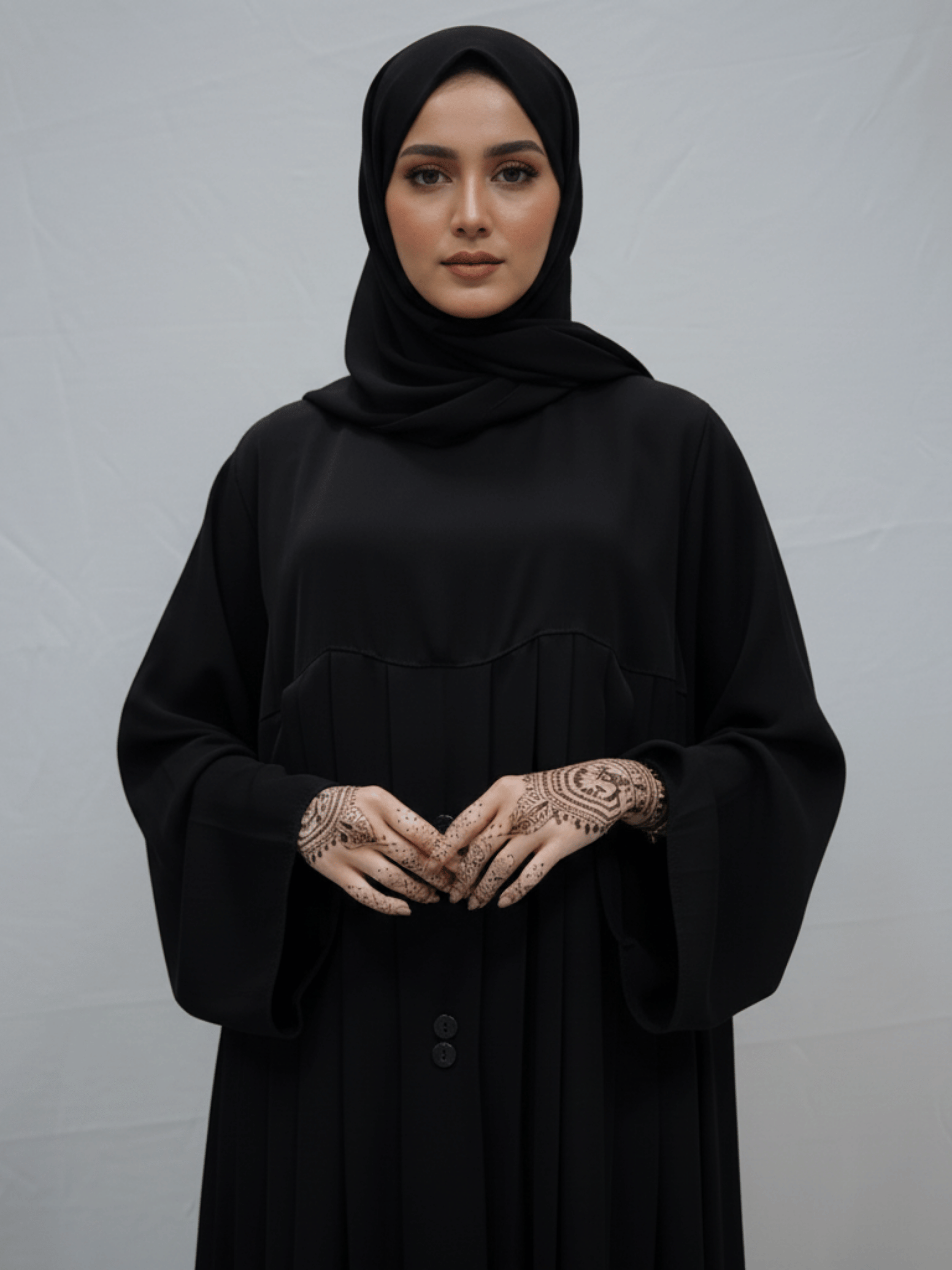 ZW 207 Reem Black Pleated Abaya with Button Detailing