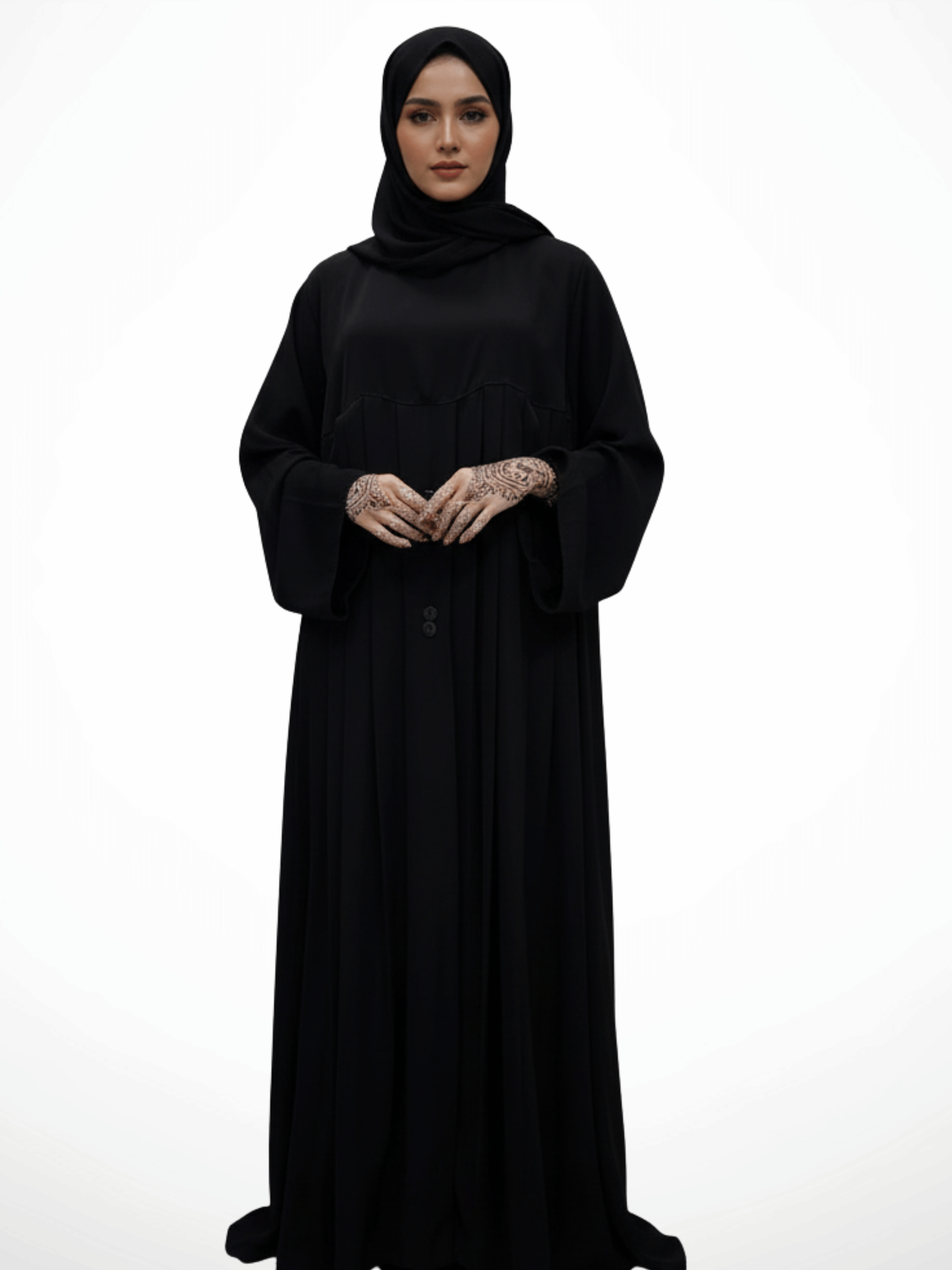 ZW 207 Reem Black Pleated Abaya with Button Detailing