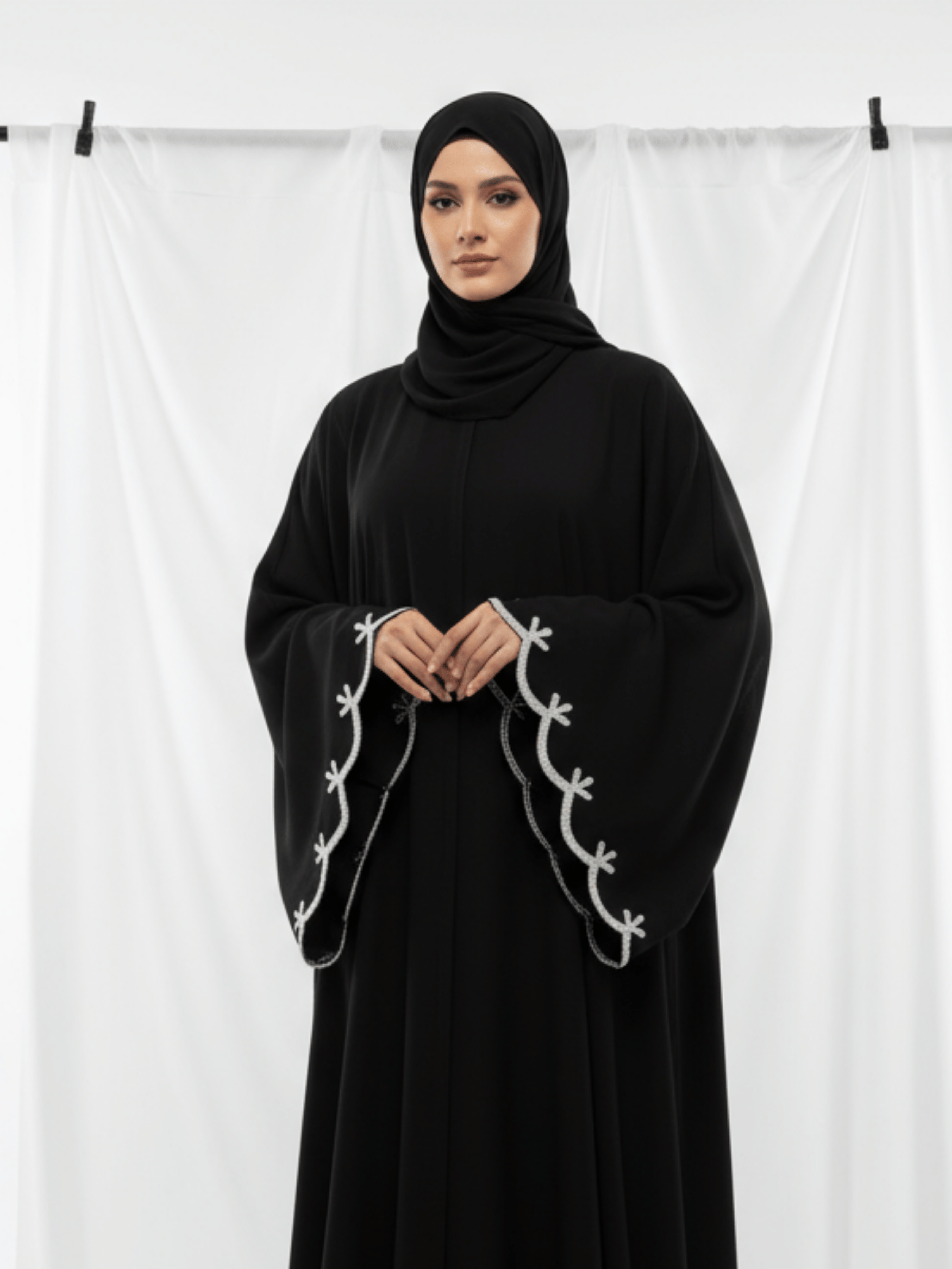 ZW 218 Nawal Black Abaya with Silver Wave Embroidery