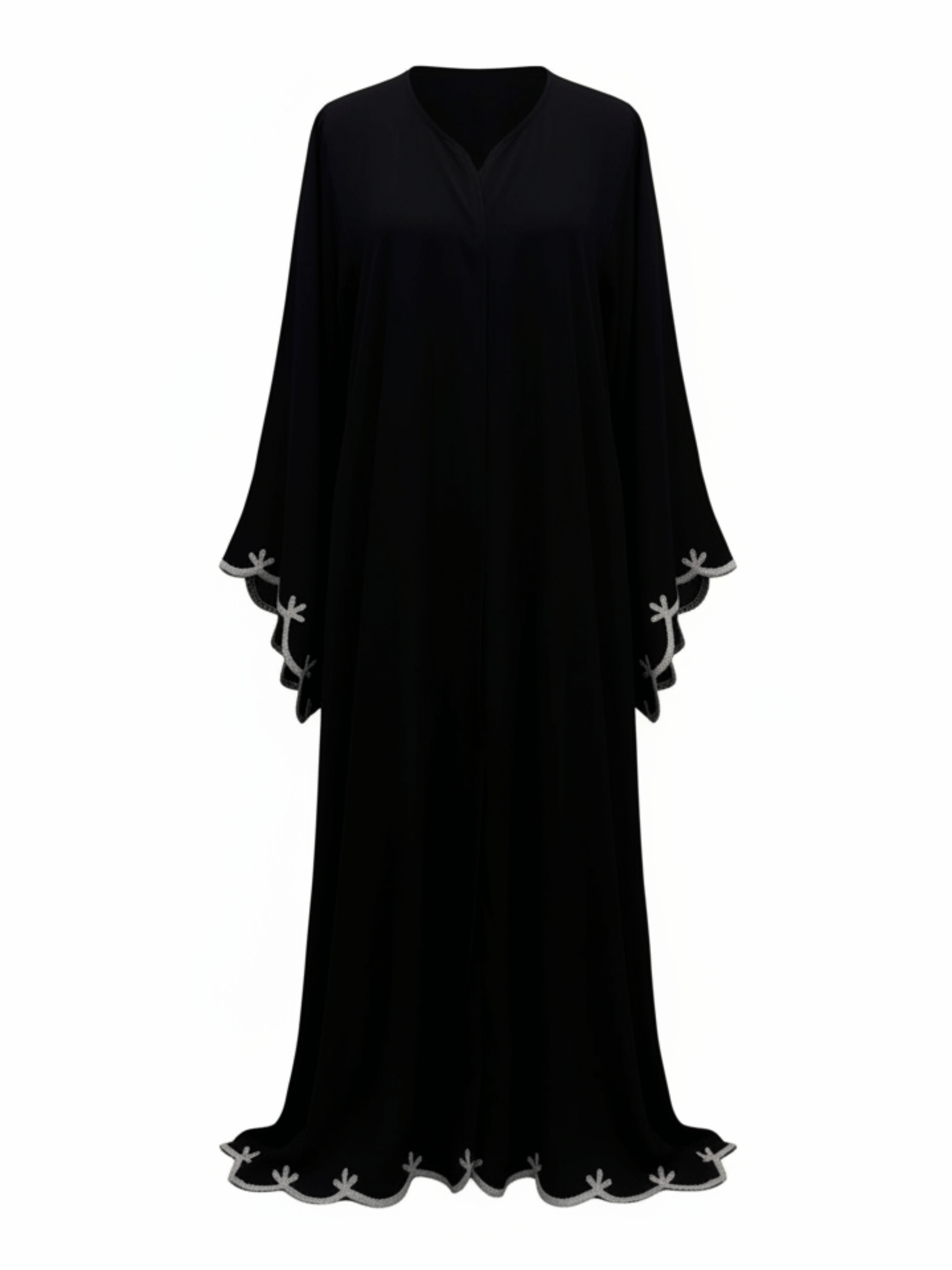 ZW 218 Nawal Black Abaya with Silver Wave Embroidery