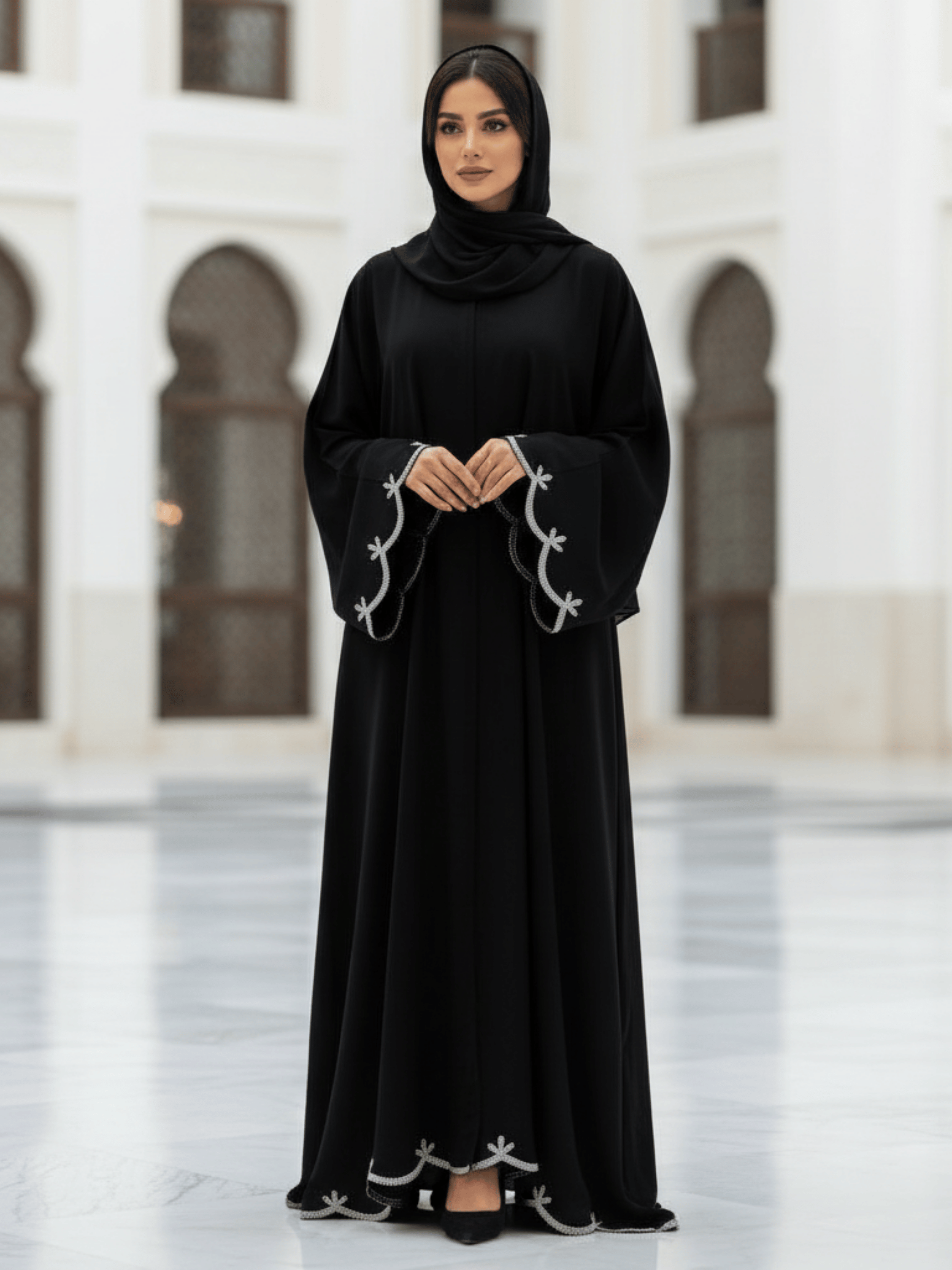 ZW 218 Nawal Black Abaya with Silver Wave Embroidery
