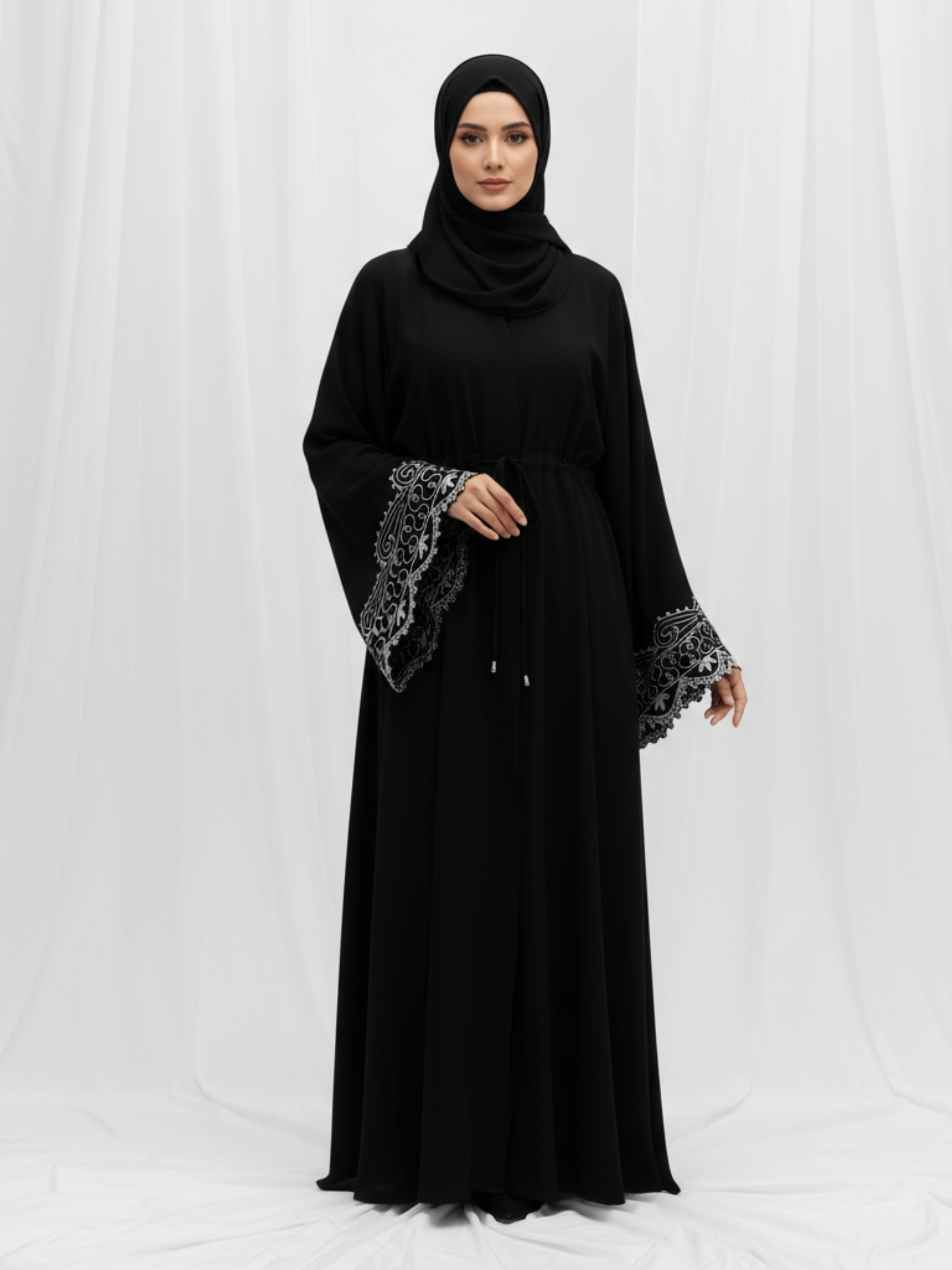ZW 231 Laila Black Abaya with Embroidered Bell Sleeves
