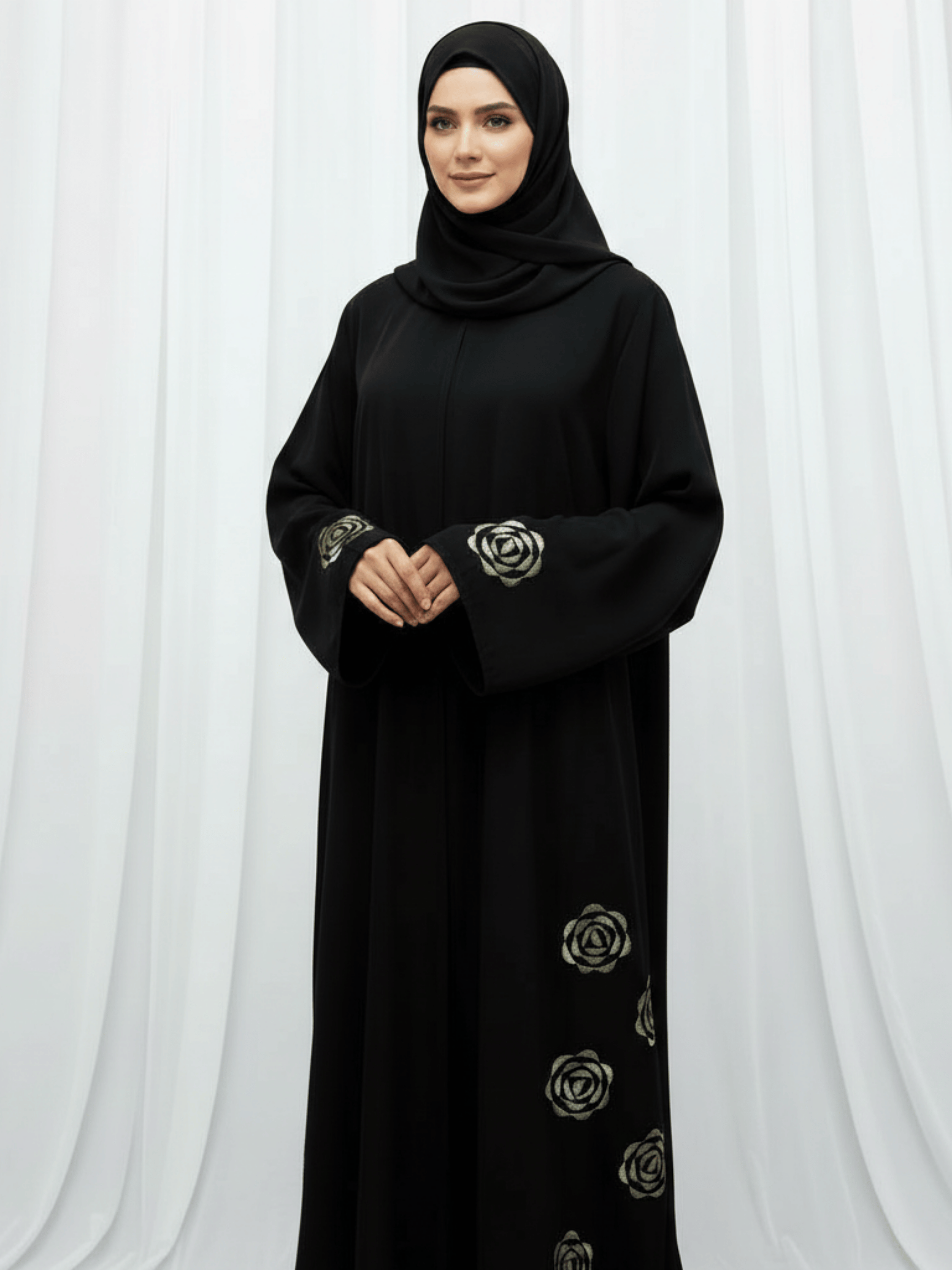 ZW 278 Laila Black Abaya with Gold & Silver Rose Embroidery