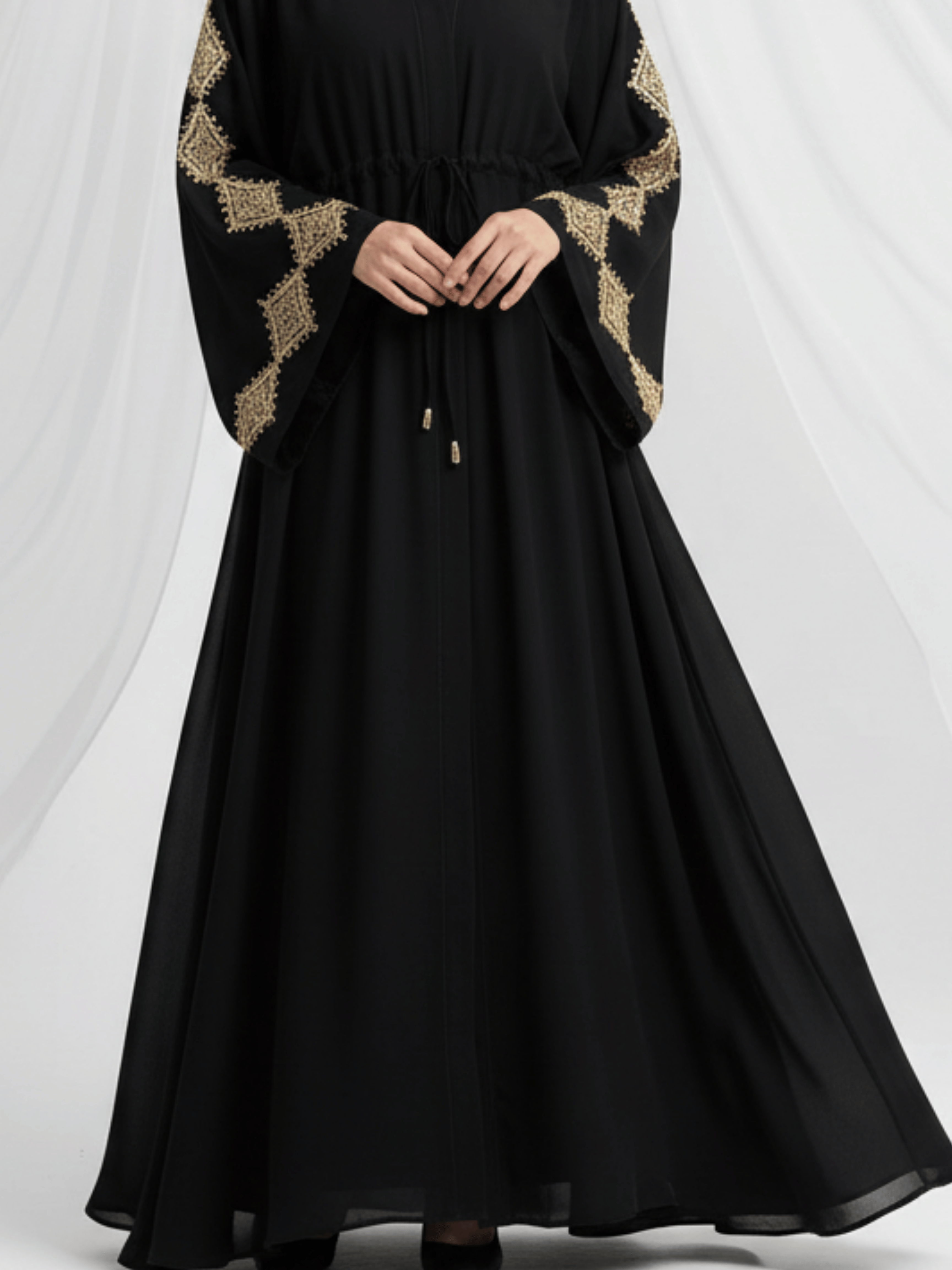 ZW 896 Black Abaya with Gold Lace Sleeves