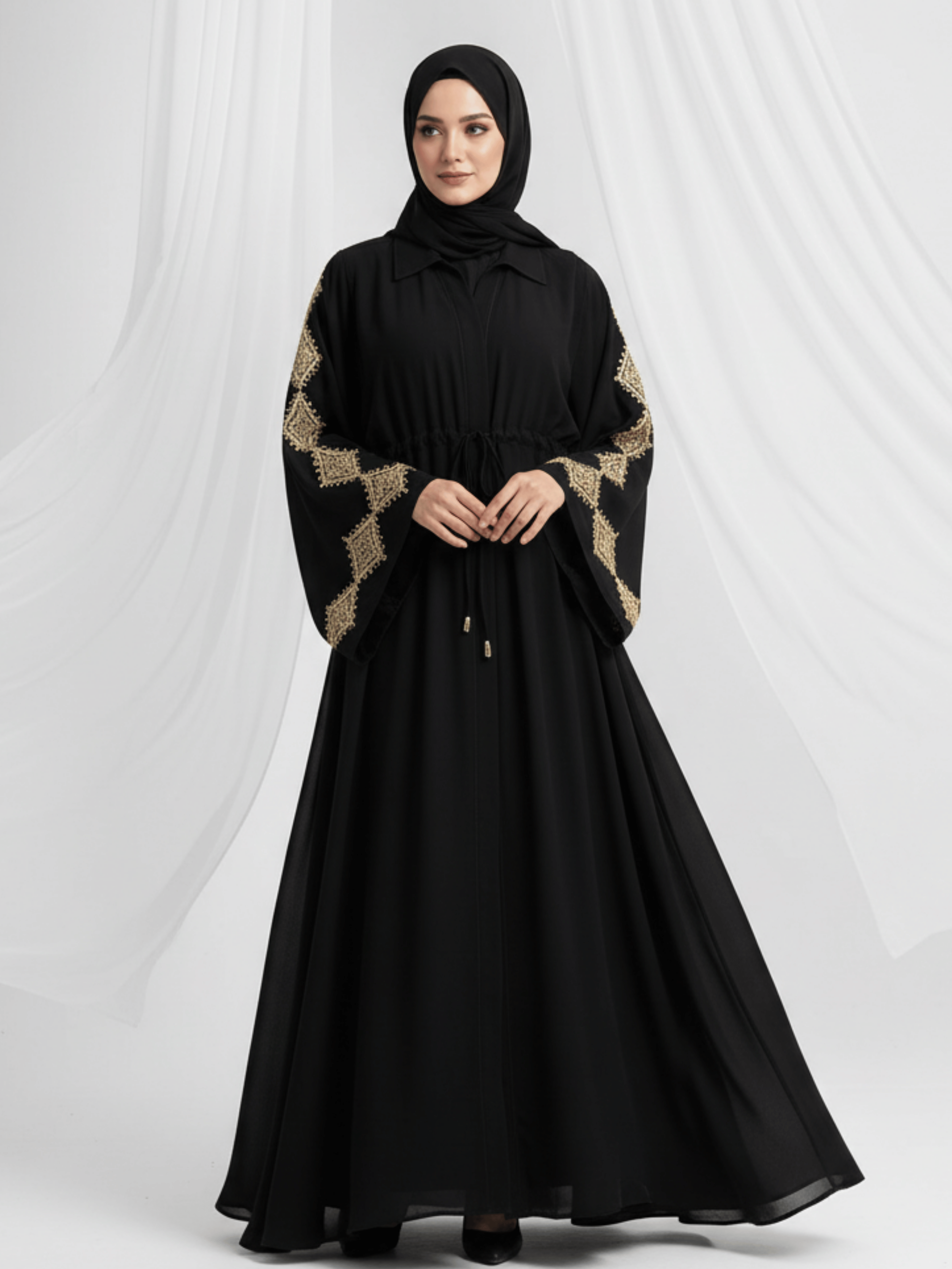 ZW 896 Black Abaya with Gold Lace Sleeves