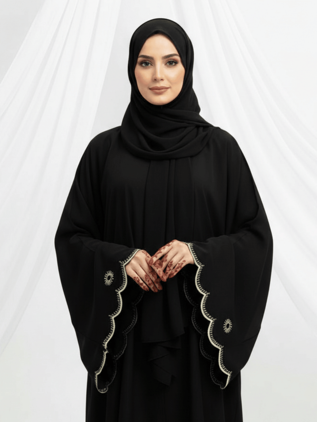 ZW 291 Noura Black Abaya with Scalloped Gold Embroidered Sleeves
