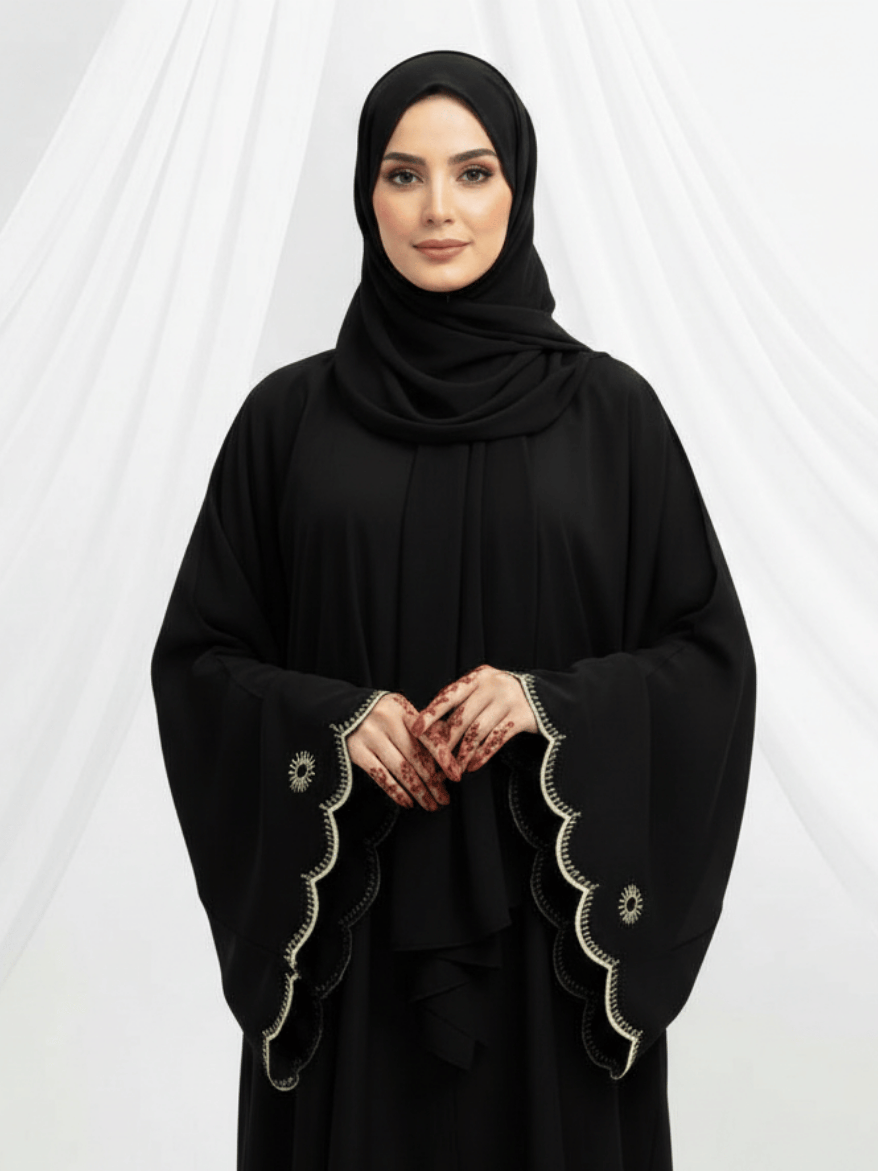 ZW 291 Noura Black Abaya with Scalloped Gold Embroidered Sleeves