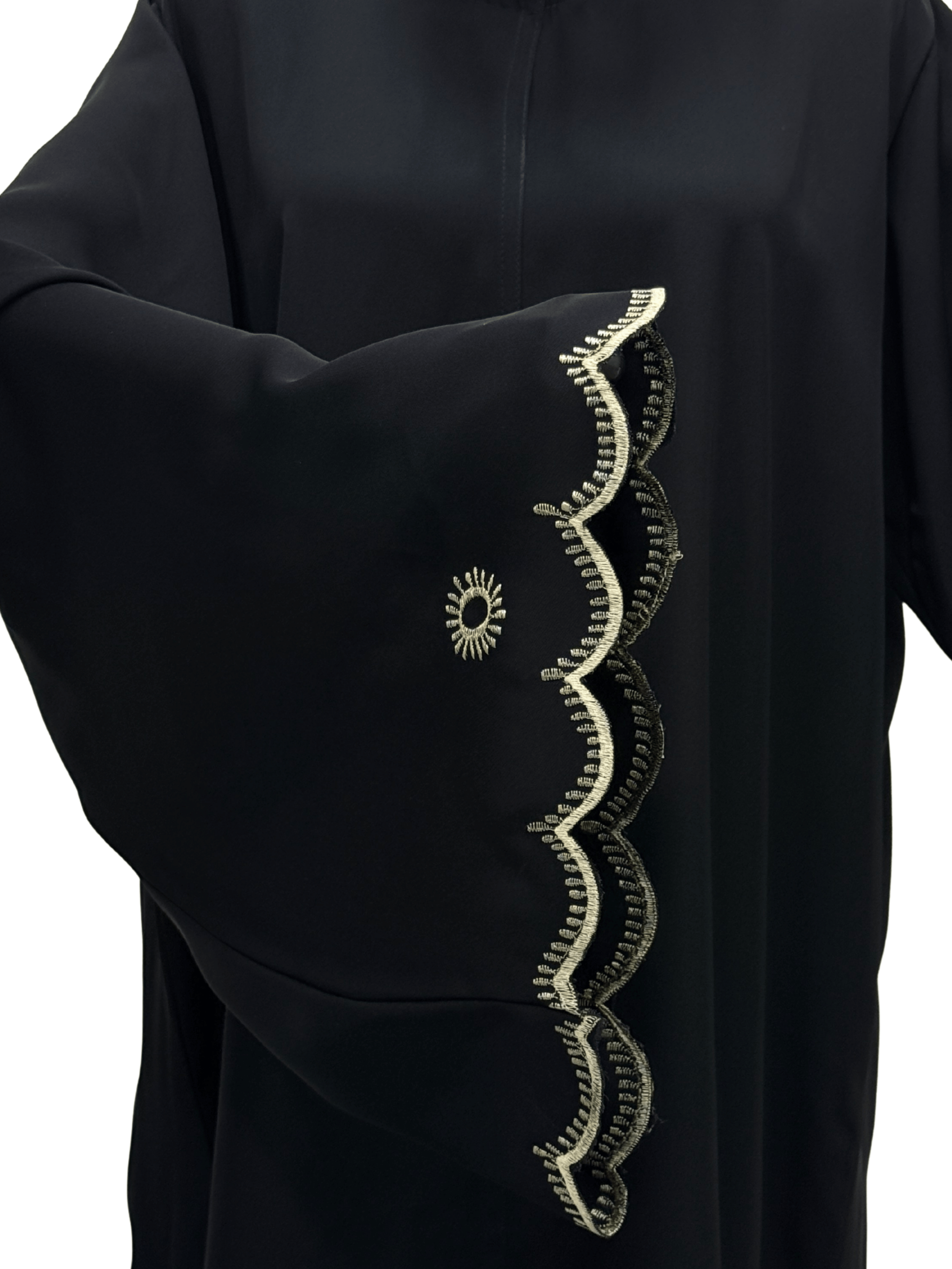 ZW 291 Noura Black Abaya with Scalloped Gold Embroidered Sleeves