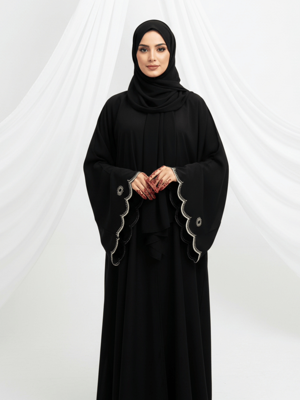 ZW 291 Noura Black Abaya with Scalloped Gold Embroidered Sleeves