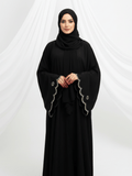 ZW 291 Noura Black Abaya with Scalloped Gold Embroidered Sleeves