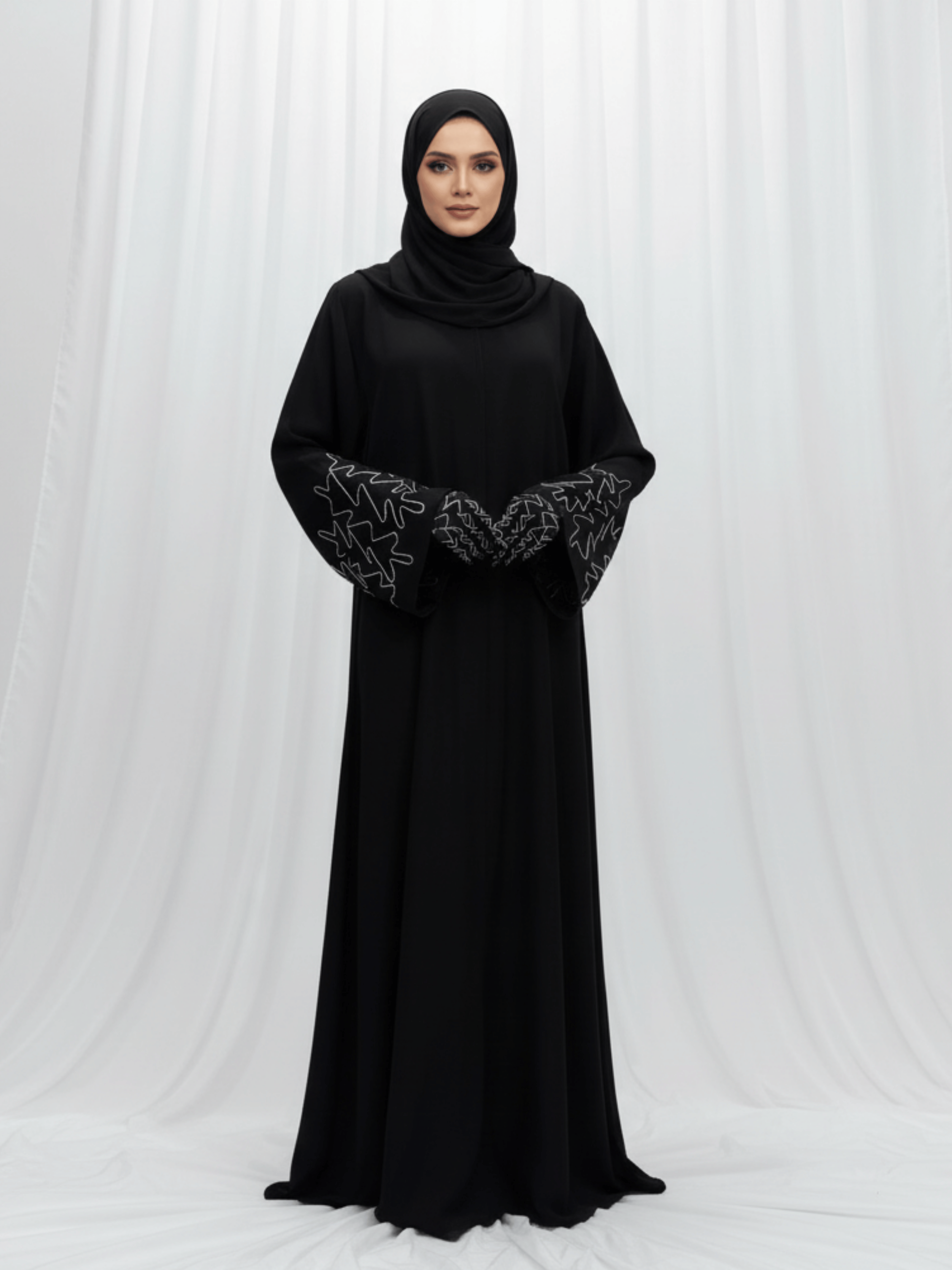 ZW 327 Laila Black Abaya with Abstract Embroidered Sleeves