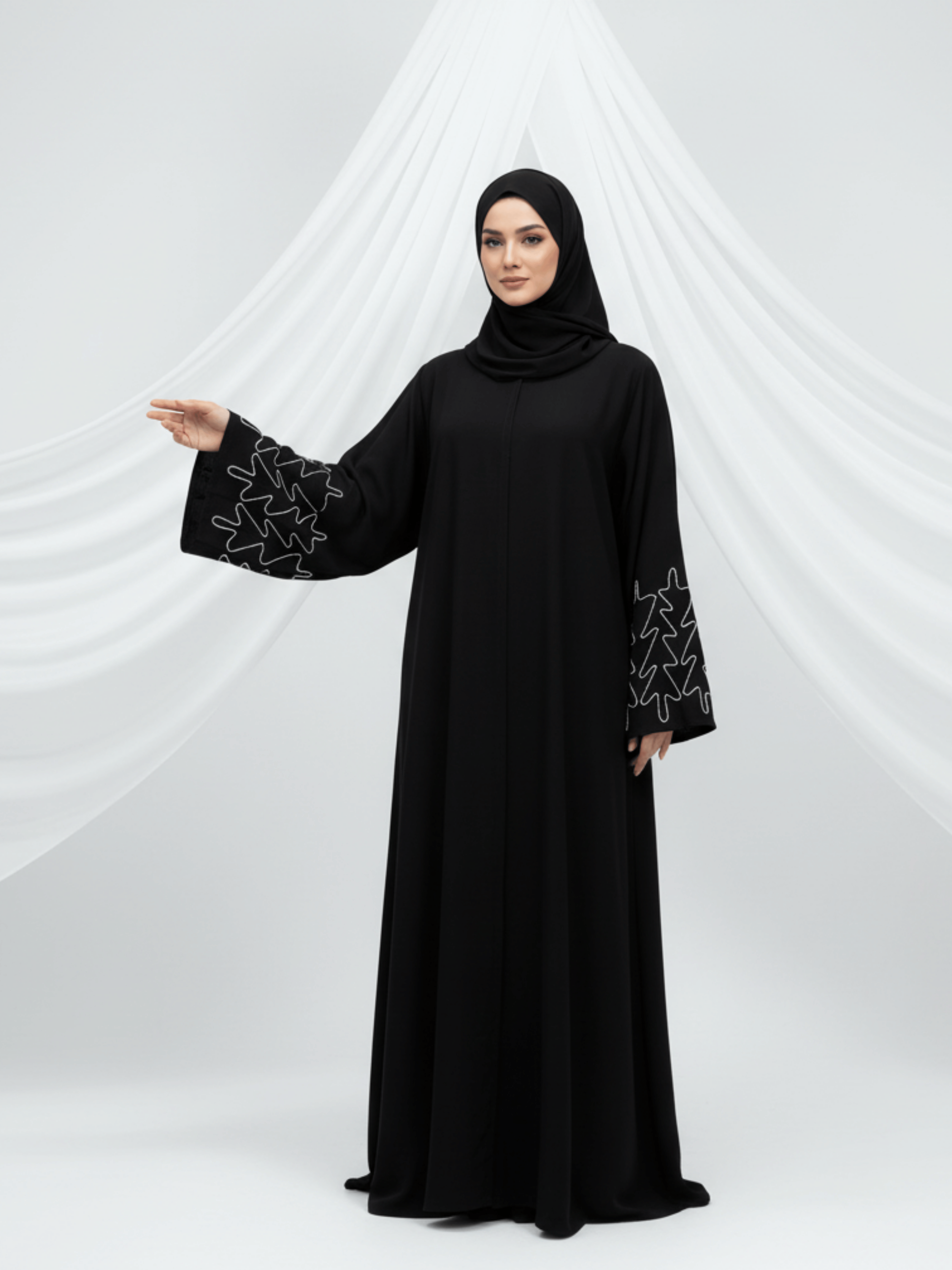 ZW 327 Laila Black Abaya with Abstract Embroidered Sleeves
