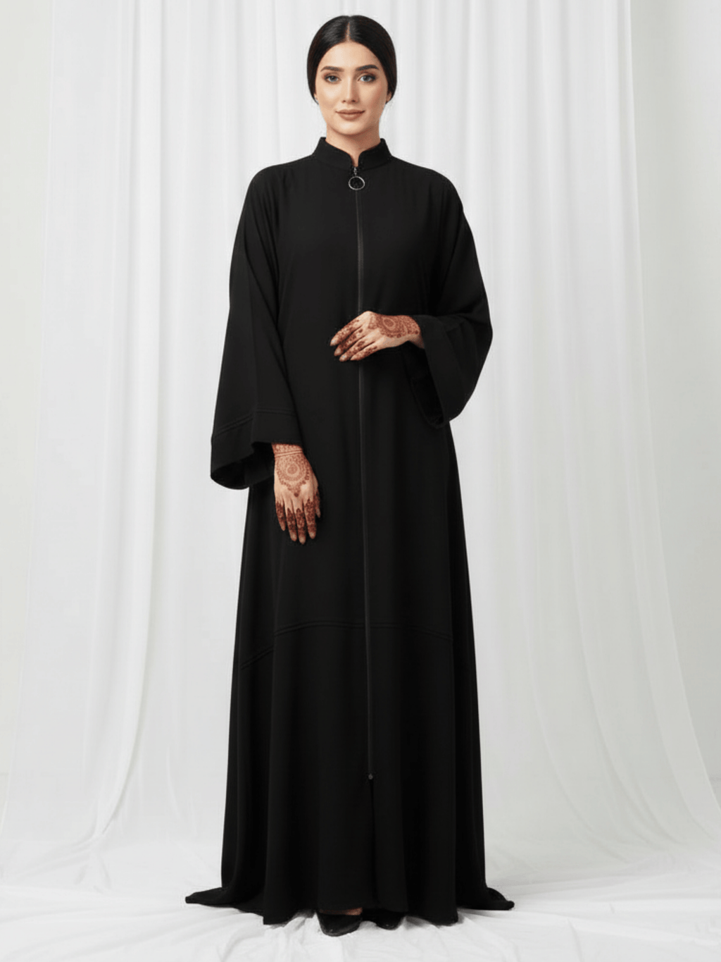 ZW 342 Reema Black Abaya with Front Zipper & High Neck