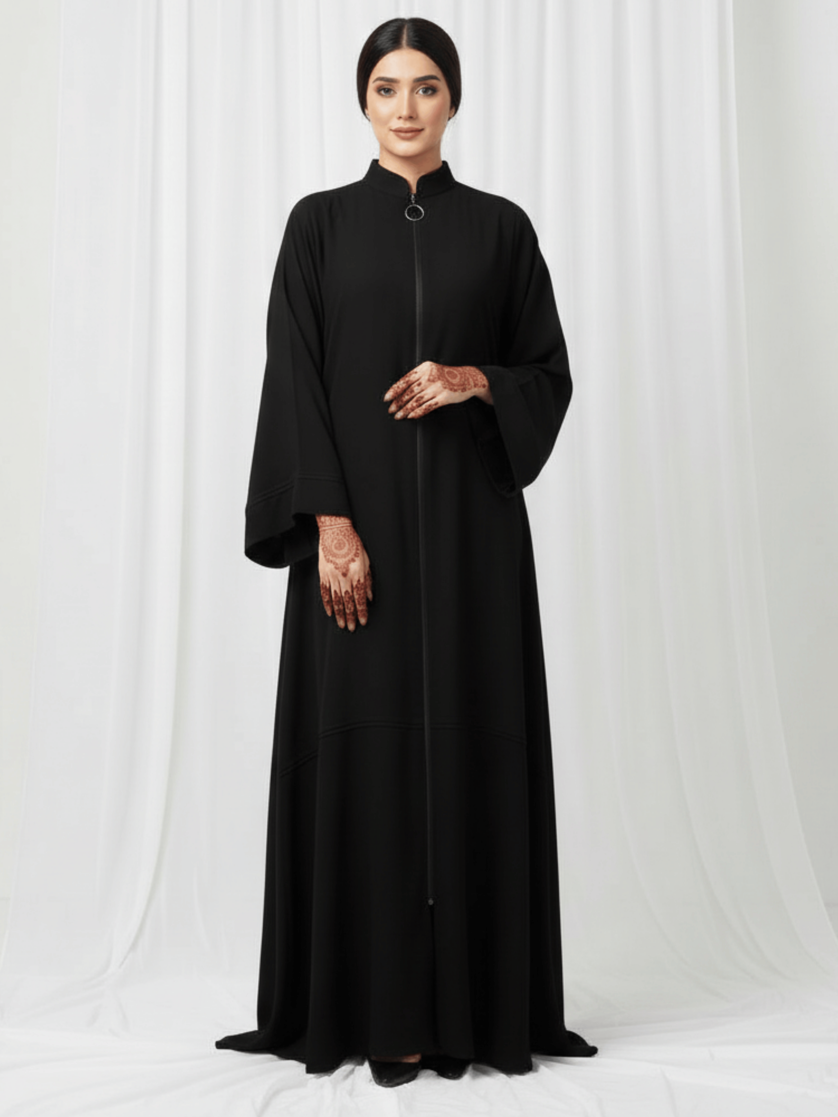 ZW 342 Reema Black Abaya with Front Zipper & High Neck