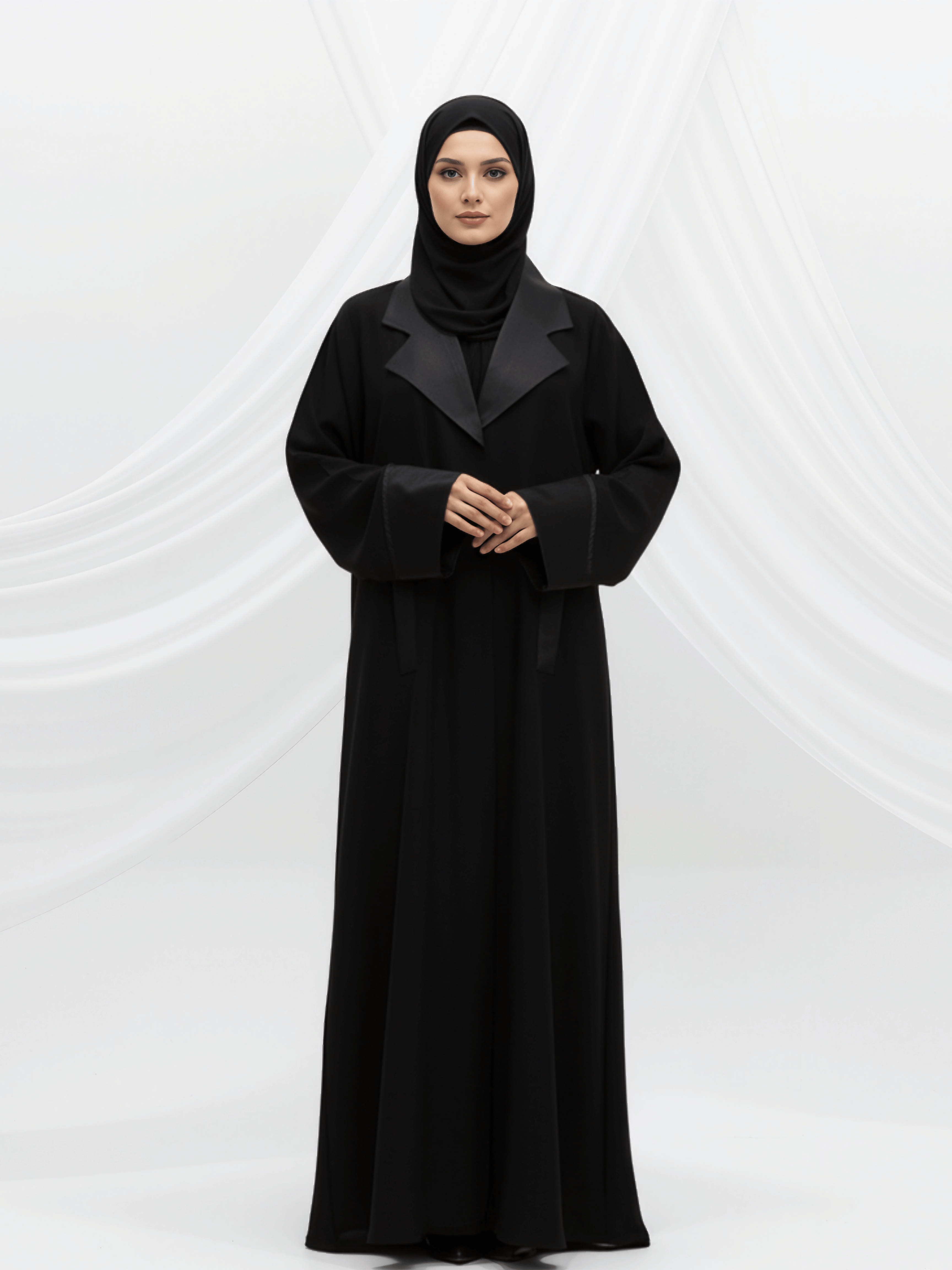 ZW 347 Black Abaya with Satin Lapel Detail