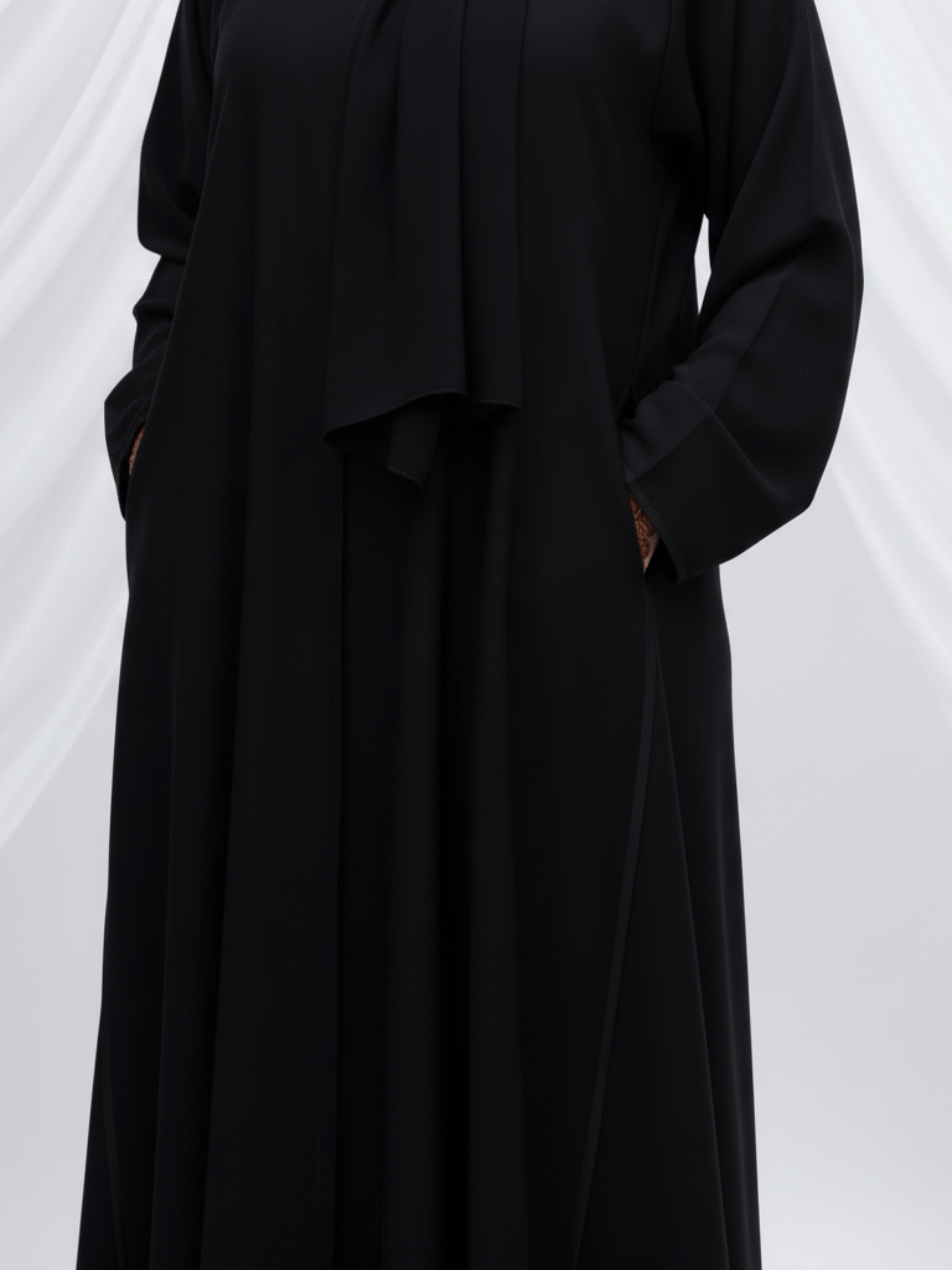 ZW 356 Hessa Black Abaya with Front Scarf Detail & Pockets