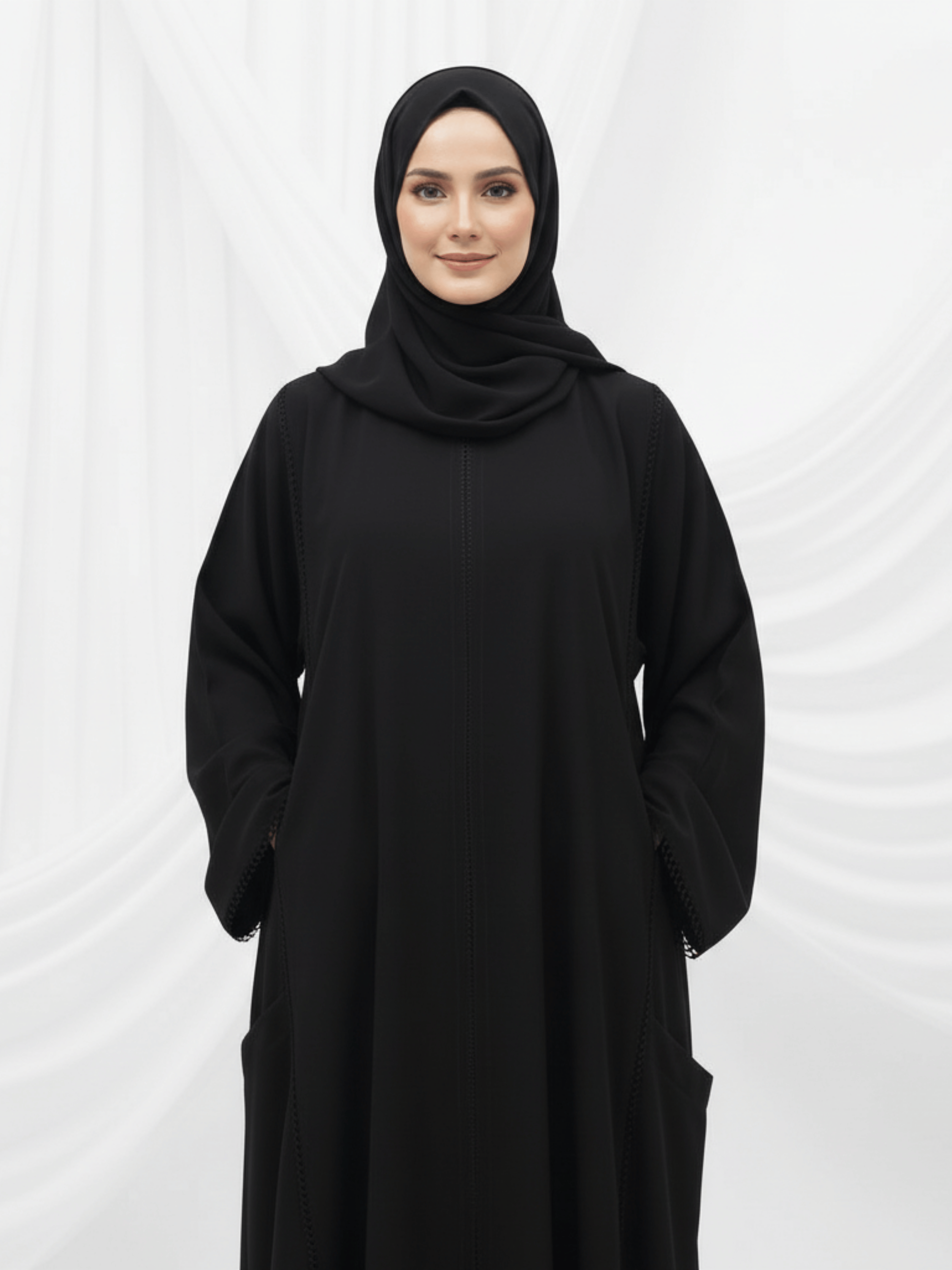 ZW 359 Nora Black Abaya with Stitch Detailing & Side Pockets