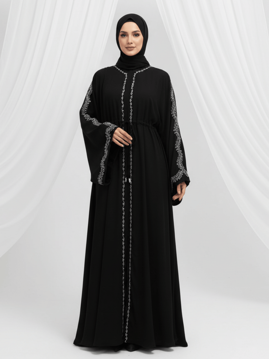 ZW 113 Black Abaya with Silver Embroidery