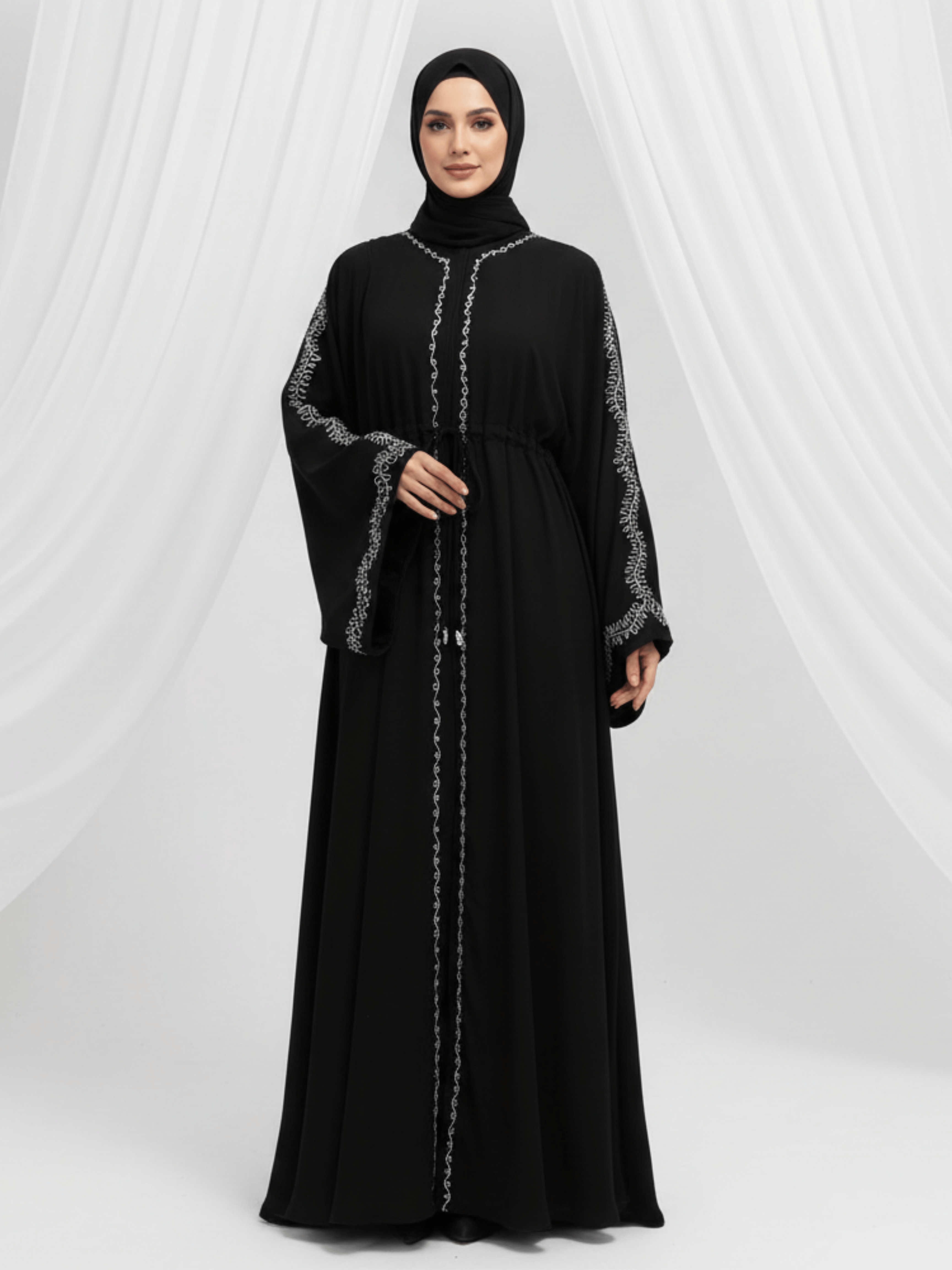 ZW 113 Black Abaya with Silver Embroidery