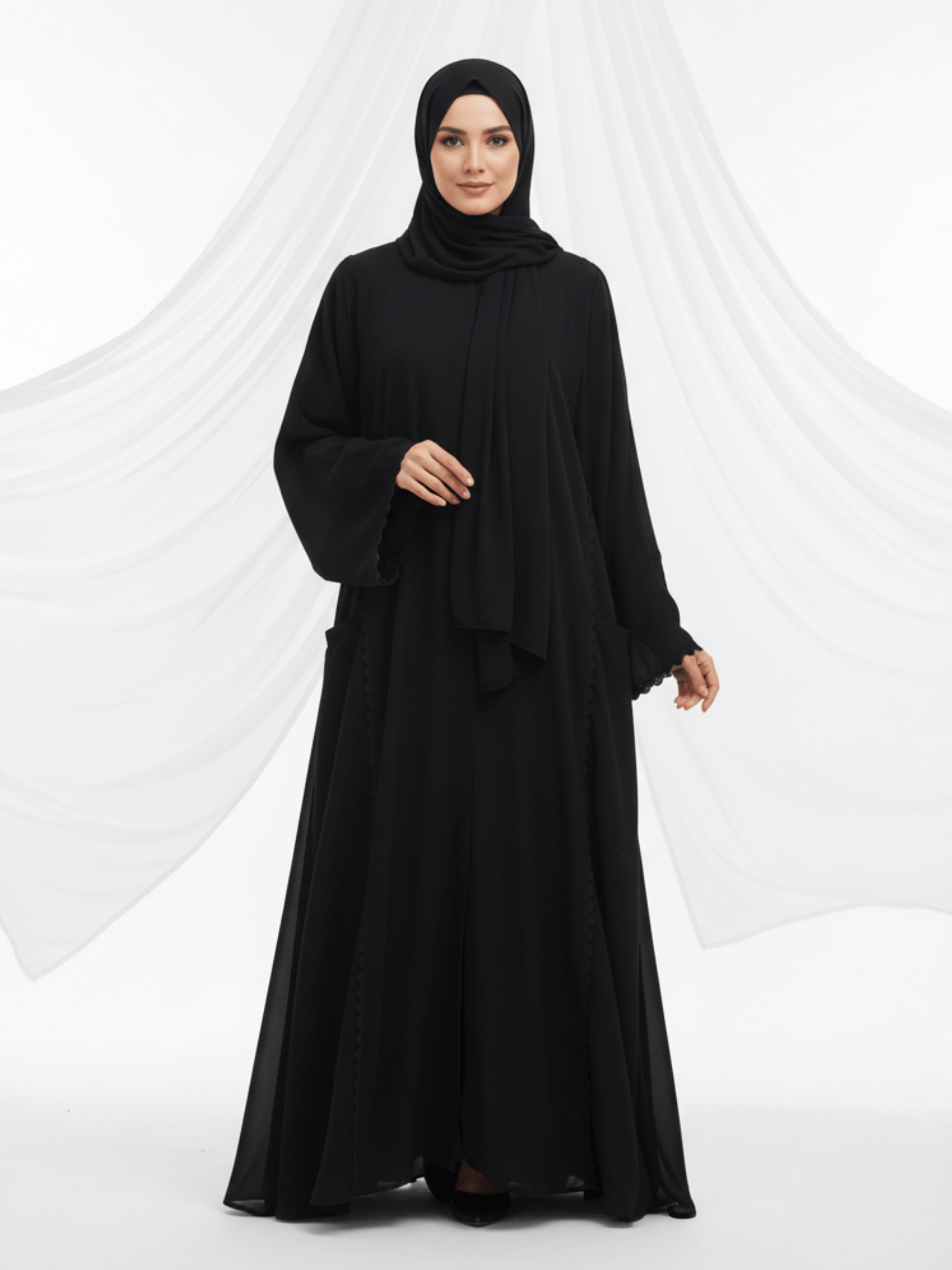 ZW 363 Black Abaya with Scalloped Edge Details & Pockets