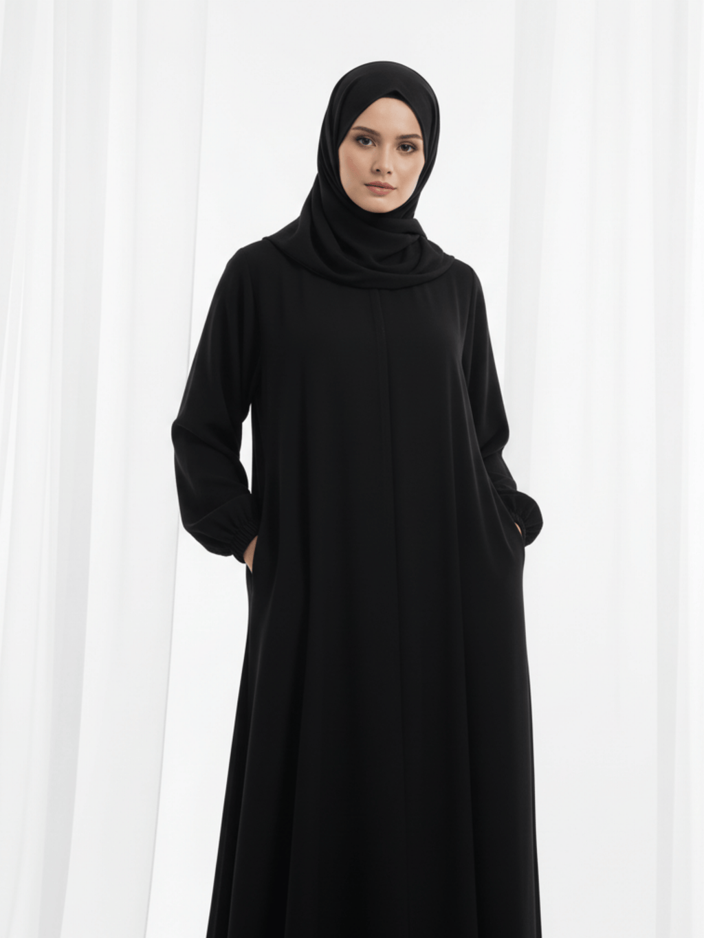 ZW 367 Layla Black Abaya with Elastic Sleeves & Side Pockets