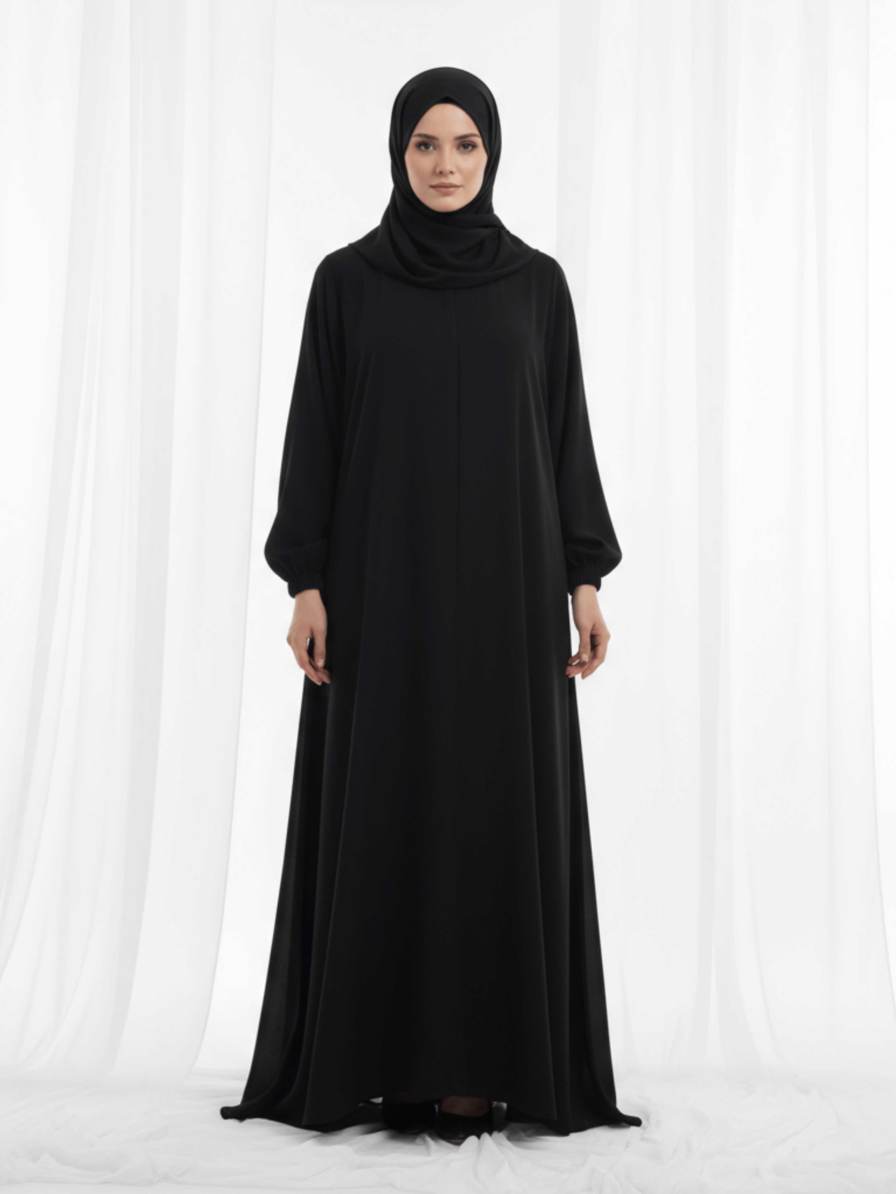 ZW 367 Layla Black Abaya with Elastic Sleeves & Side Pockets