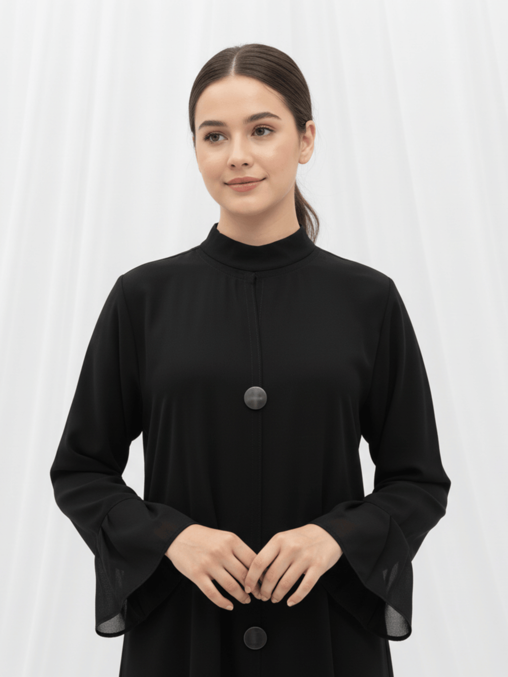 ZW 372 Hessa Black Abaya with Statement Buttons & Ruffled Hem