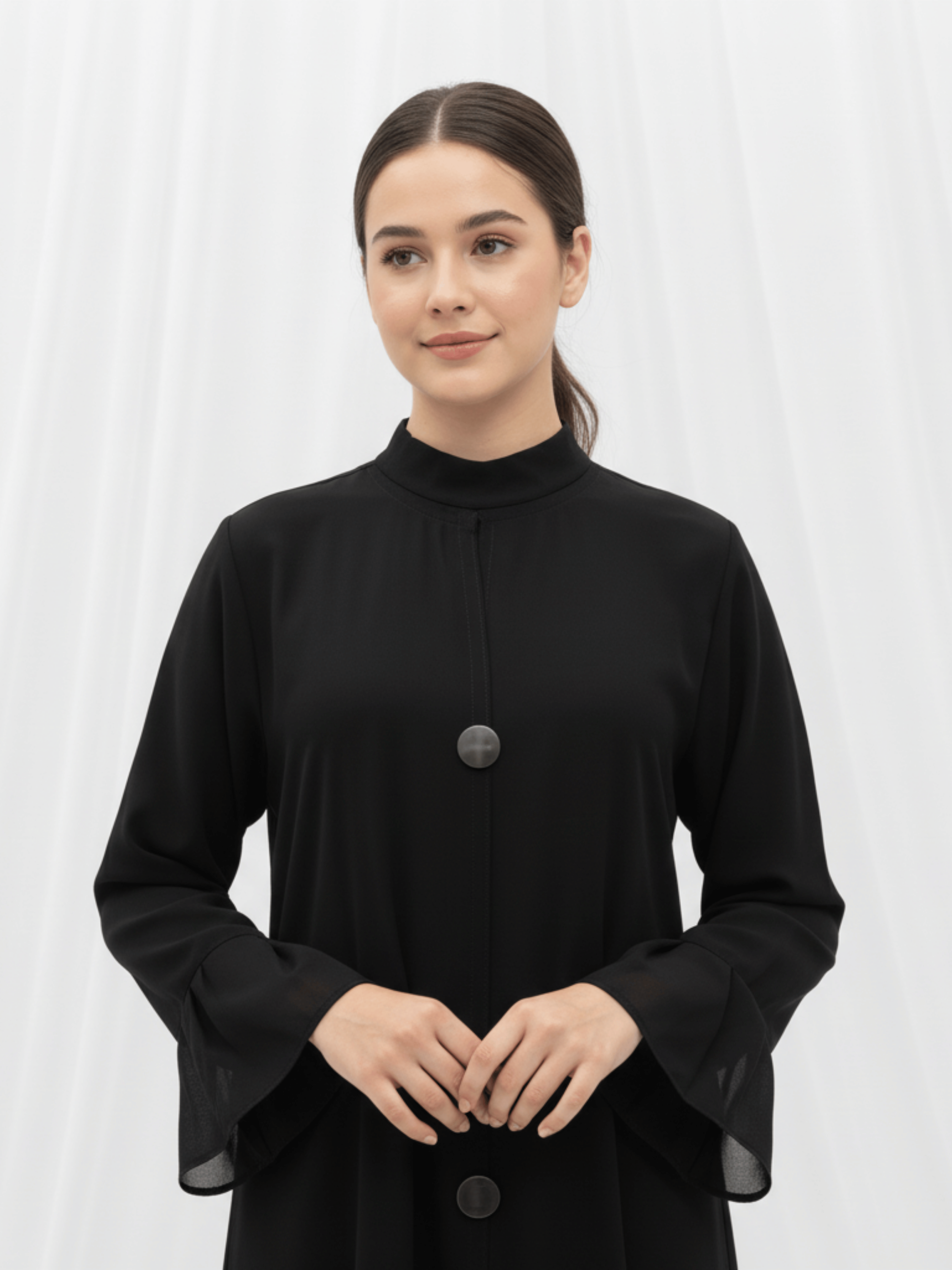 ZW 372 Hessa Black Abaya with Statement Buttons & Ruffled Hem