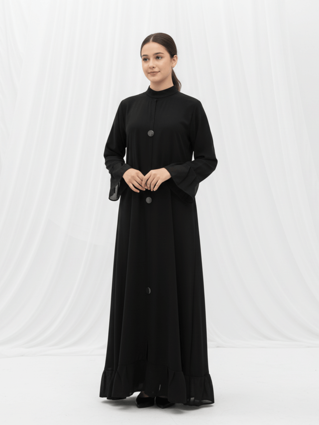 ZW 372 Hessa Black Abaya with Statement Buttons & Ruffled Hem
