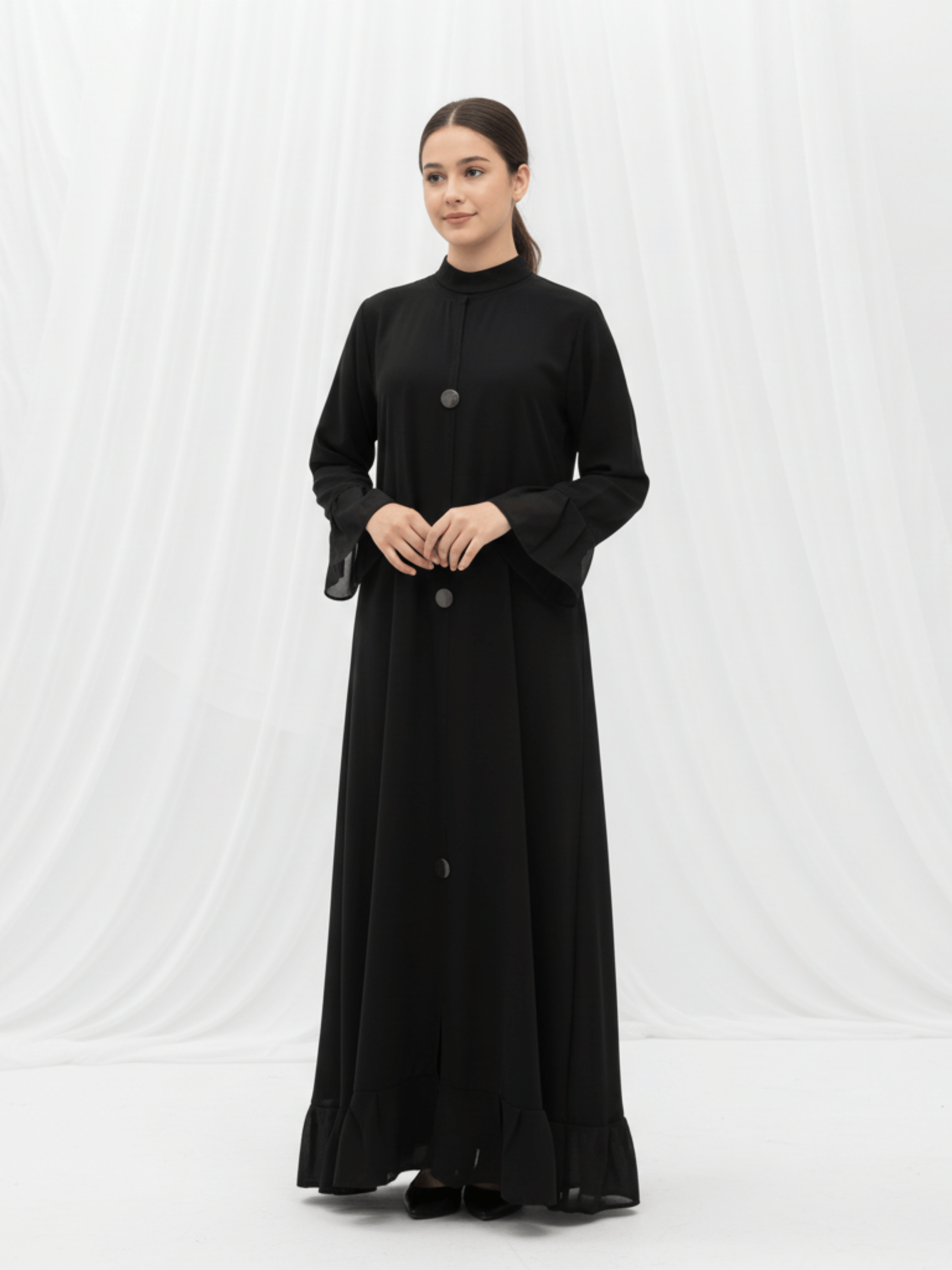 ZW 372 Hessa Black Abaya with Statement Buttons & Ruffled Hem