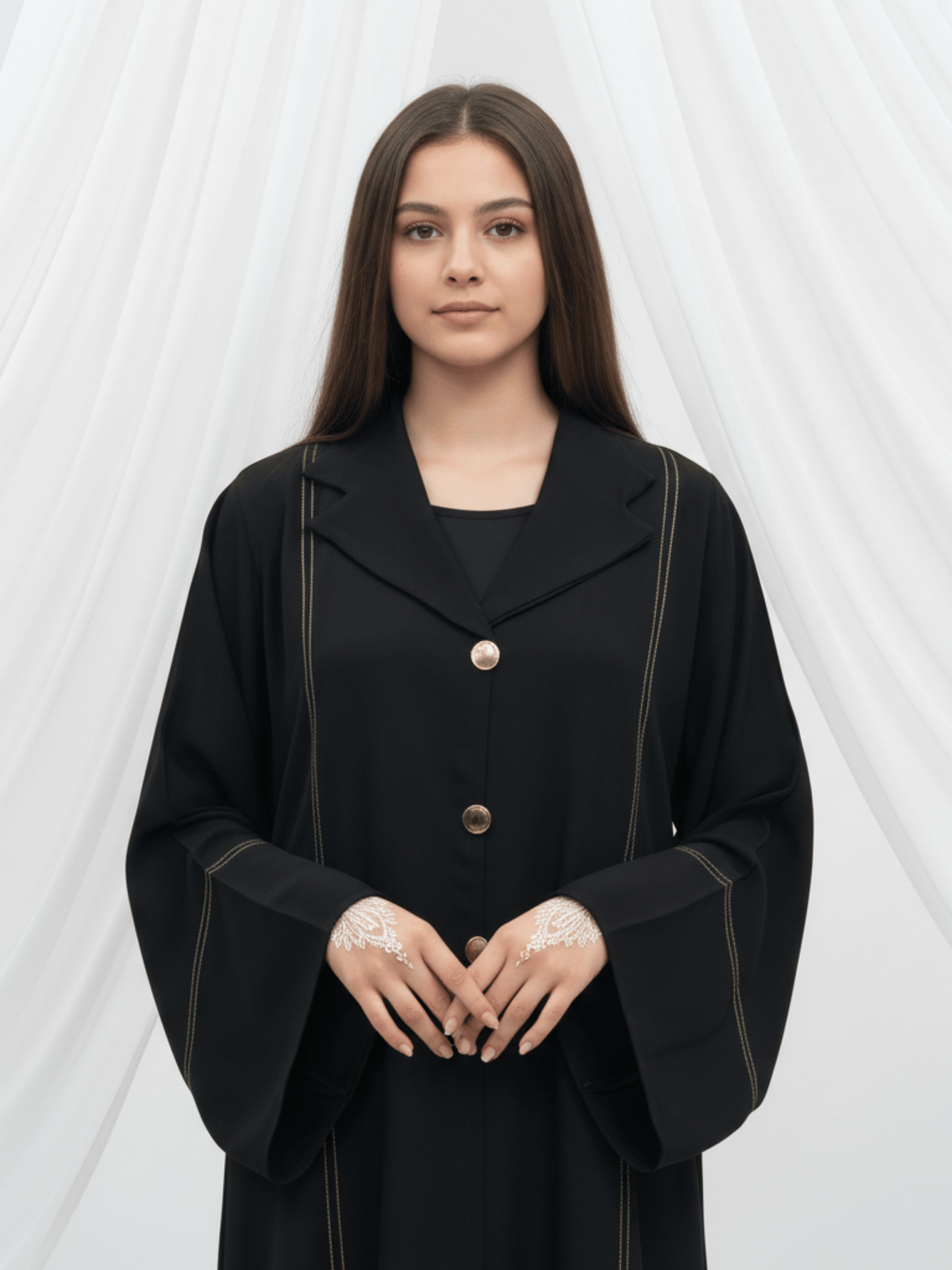 ZW 386 Alia Contrast Stitch Abaya | Classic Button Black Abaya