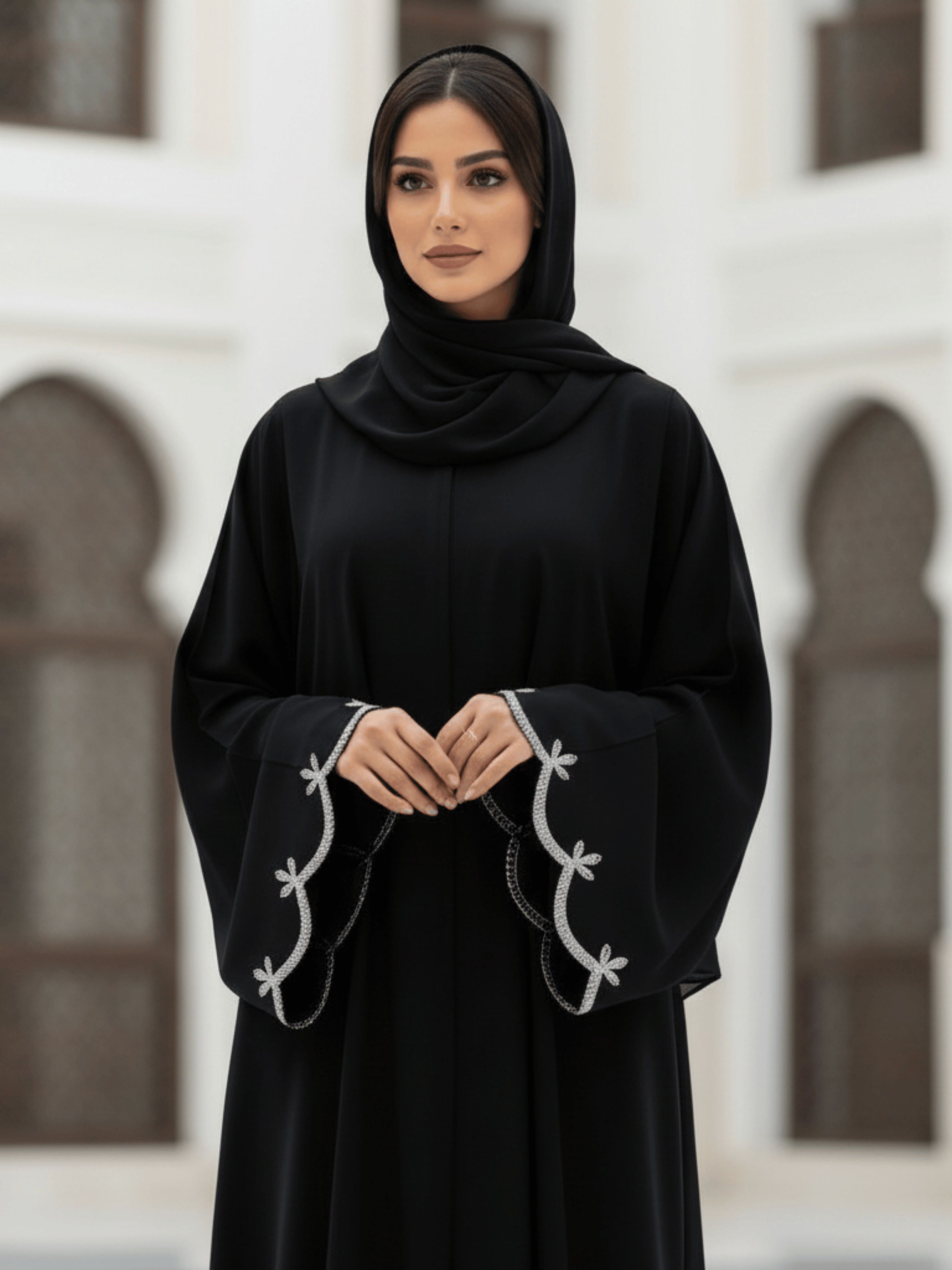 ZW 218 Nawal Black Abaya with Silver Wave Embroidery