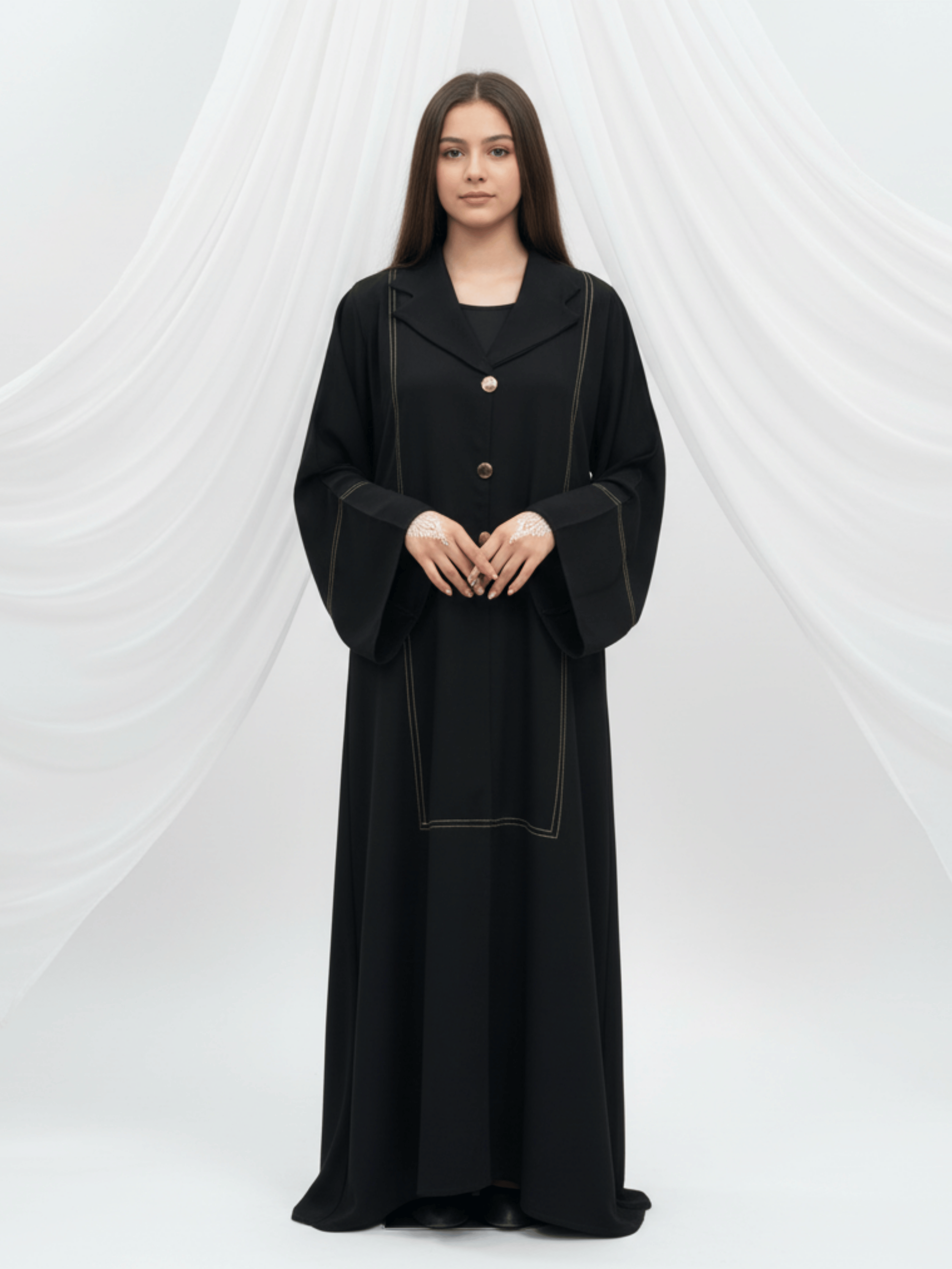 ZW 386 Alia Contrast Stitch Abaya | Classic Button Black Abaya