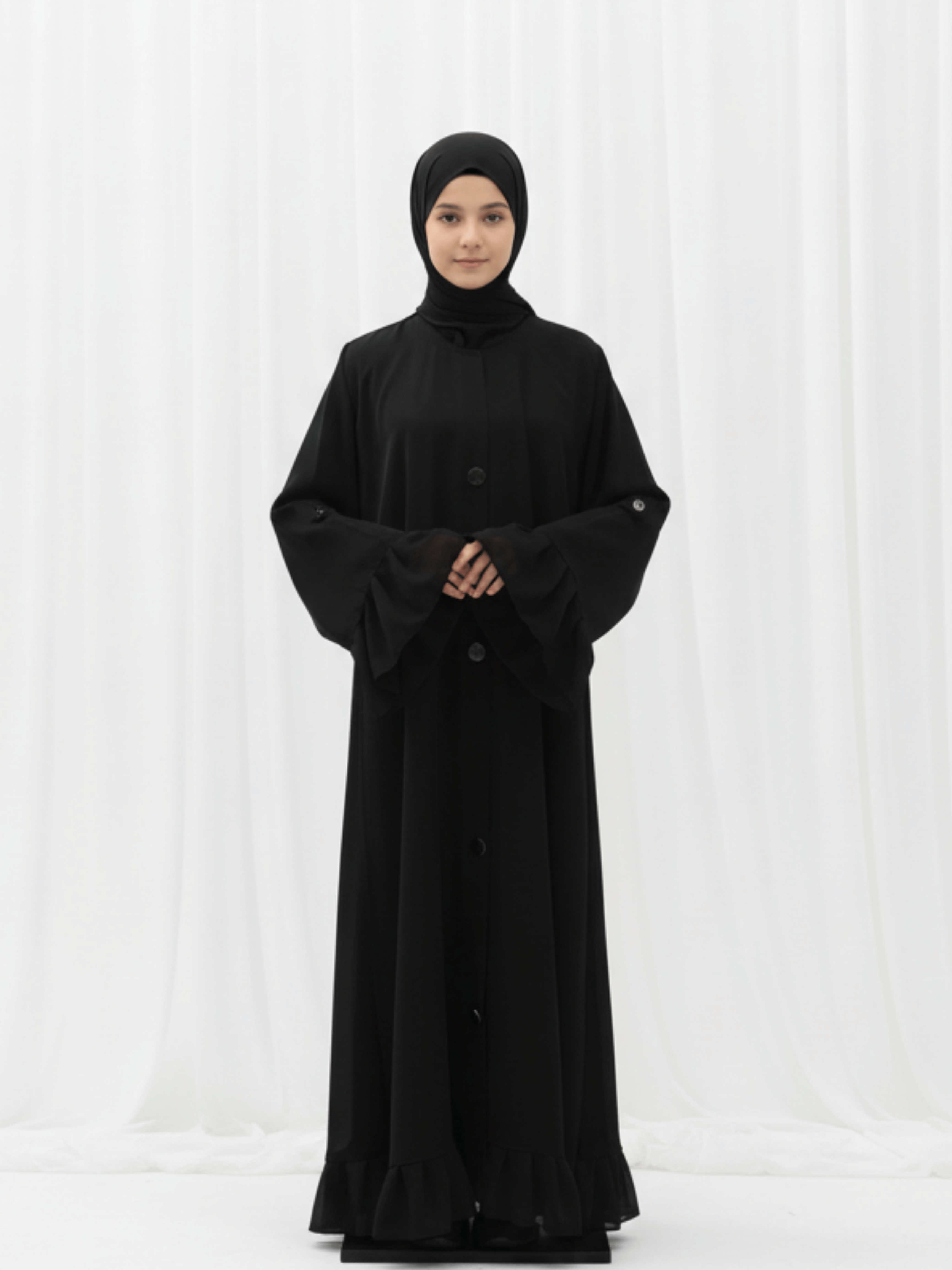ZW 388 Rania Black Abaya | Flared Sleeve Ruffle Hem Abaya