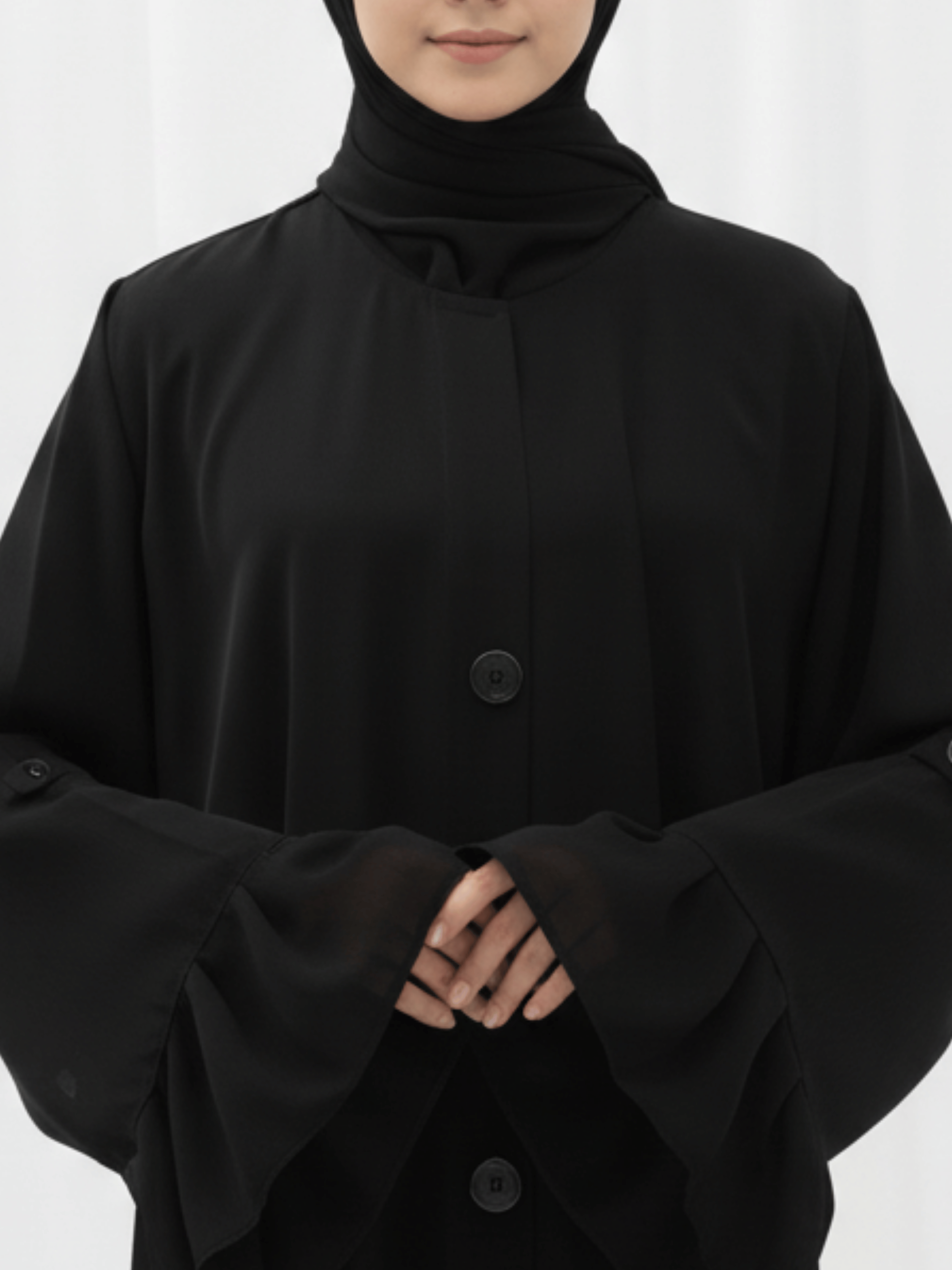 ZW 388 Rania Black Abaya | Flared Sleeve Ruffle Hem Abaya