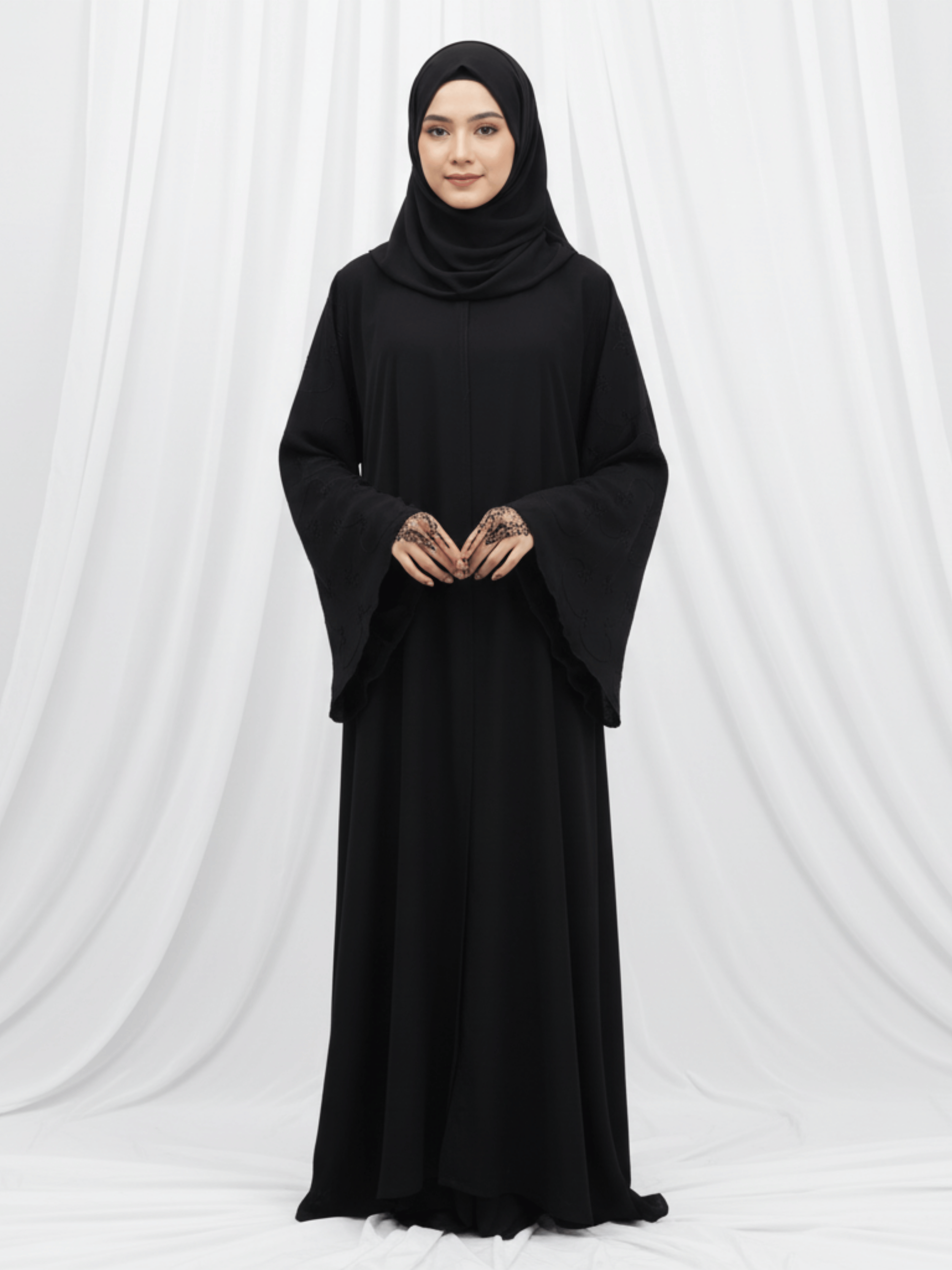 ZW 390 Samira Black Abaya | Embroidered Sleeve Abaya