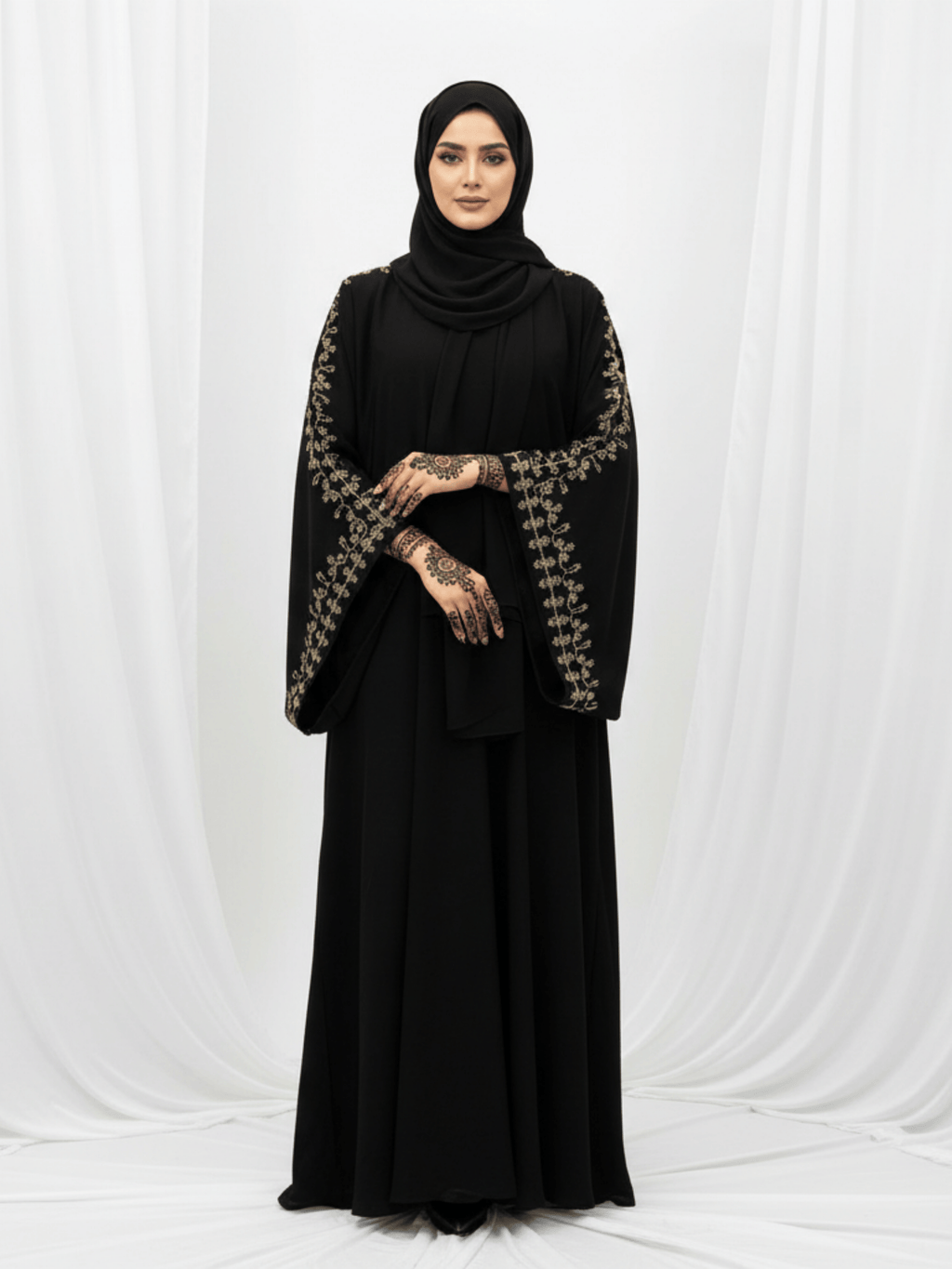 ZW 127 Reem Black Abaya with Gold Leaf Embroidery