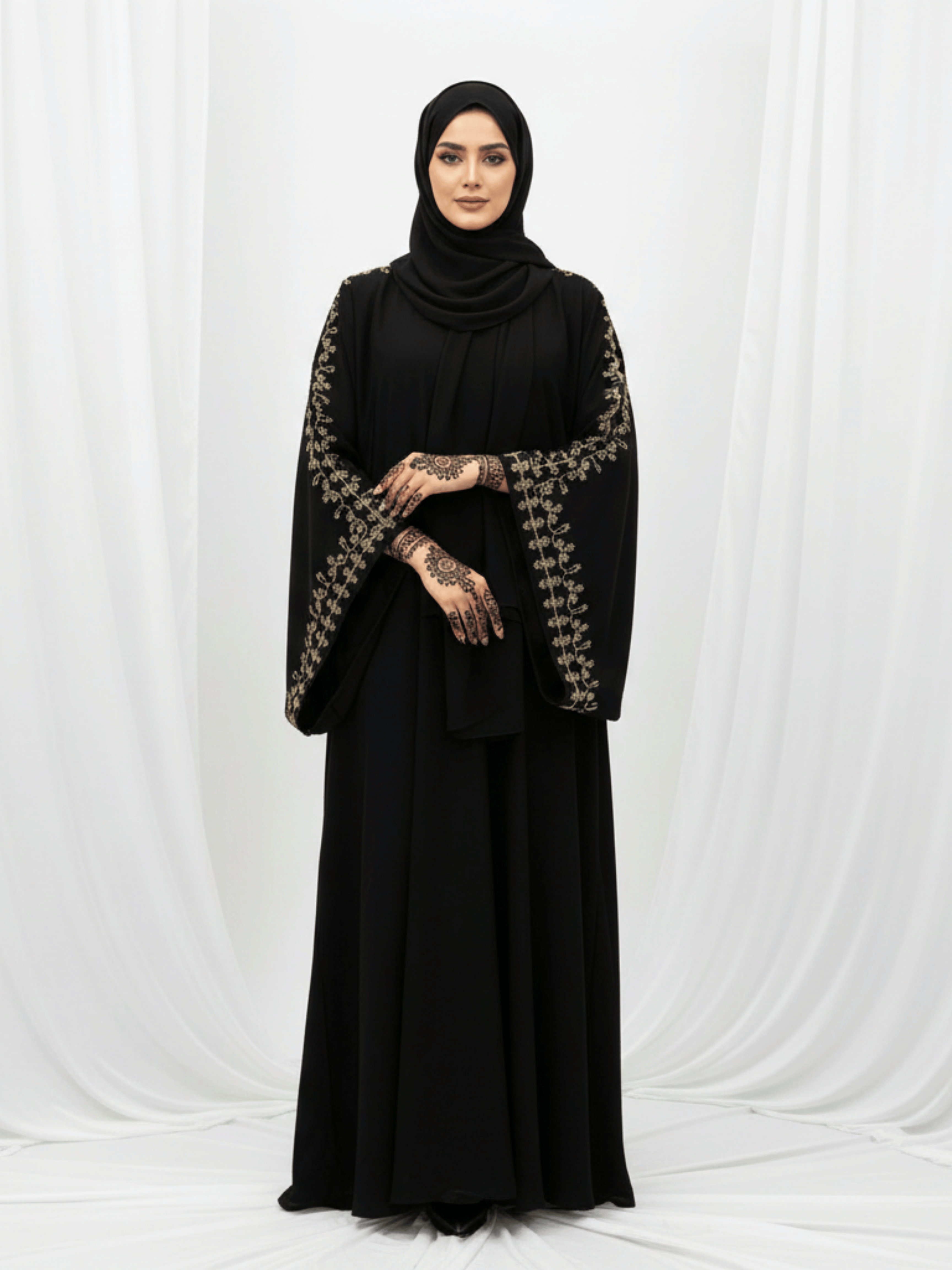 ZW 127 Reem Black Abaya with Gold Leaf Embroidery