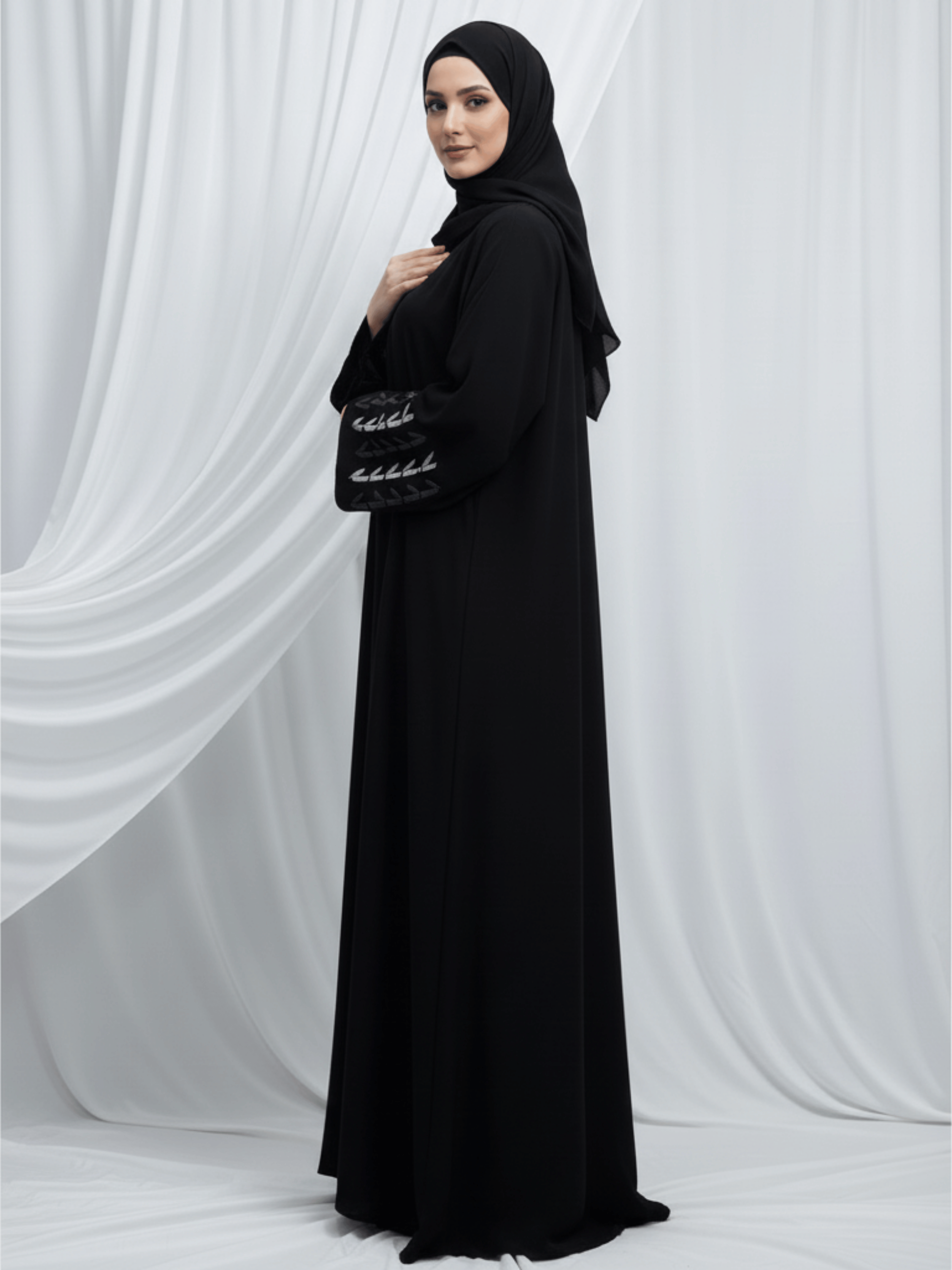 ZW 153 Noura Black Abaya with Silver Arrow Embroidery