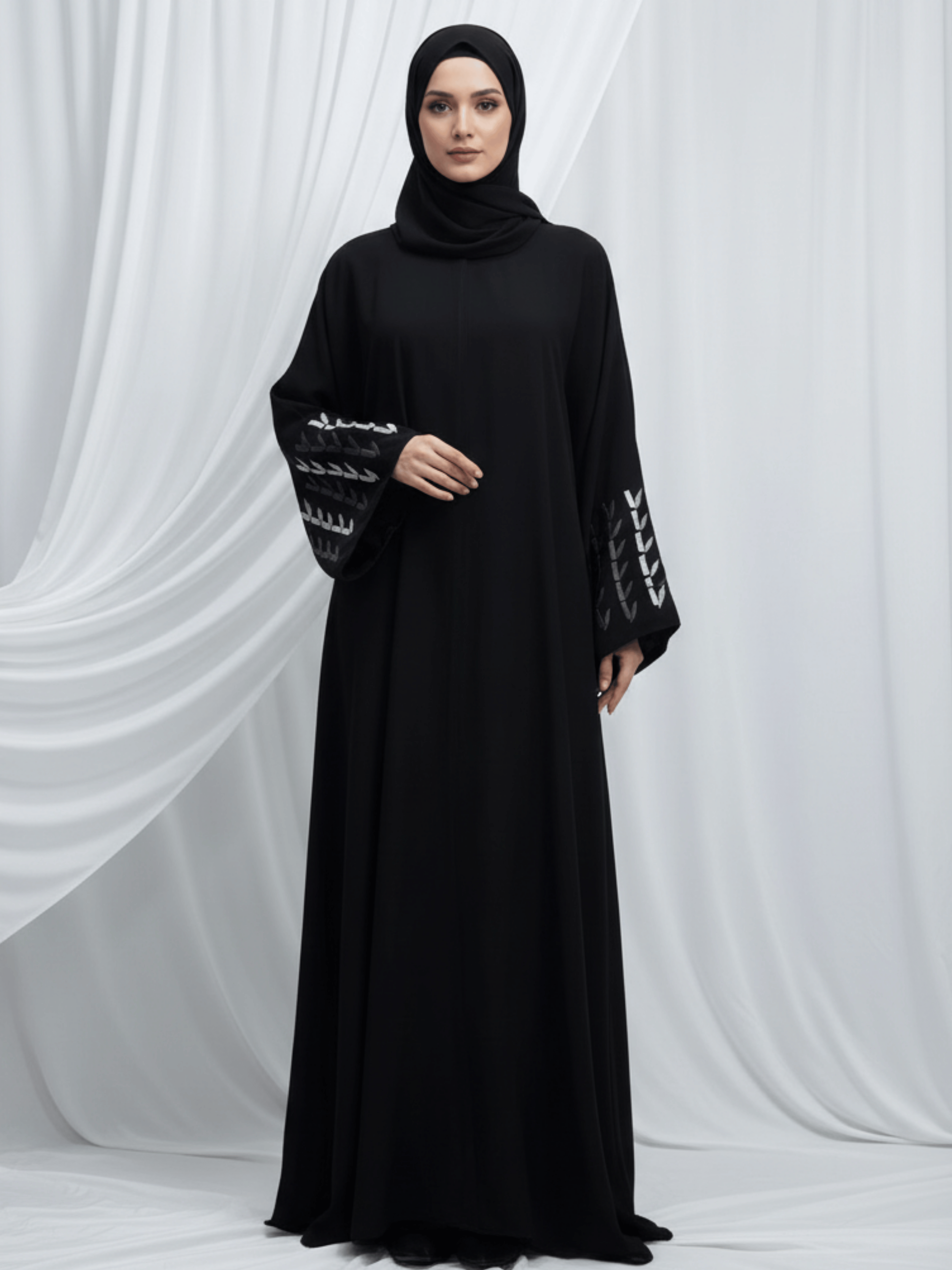 ZW 153 Noura Black Abaya with Silver Arrow Embroidery