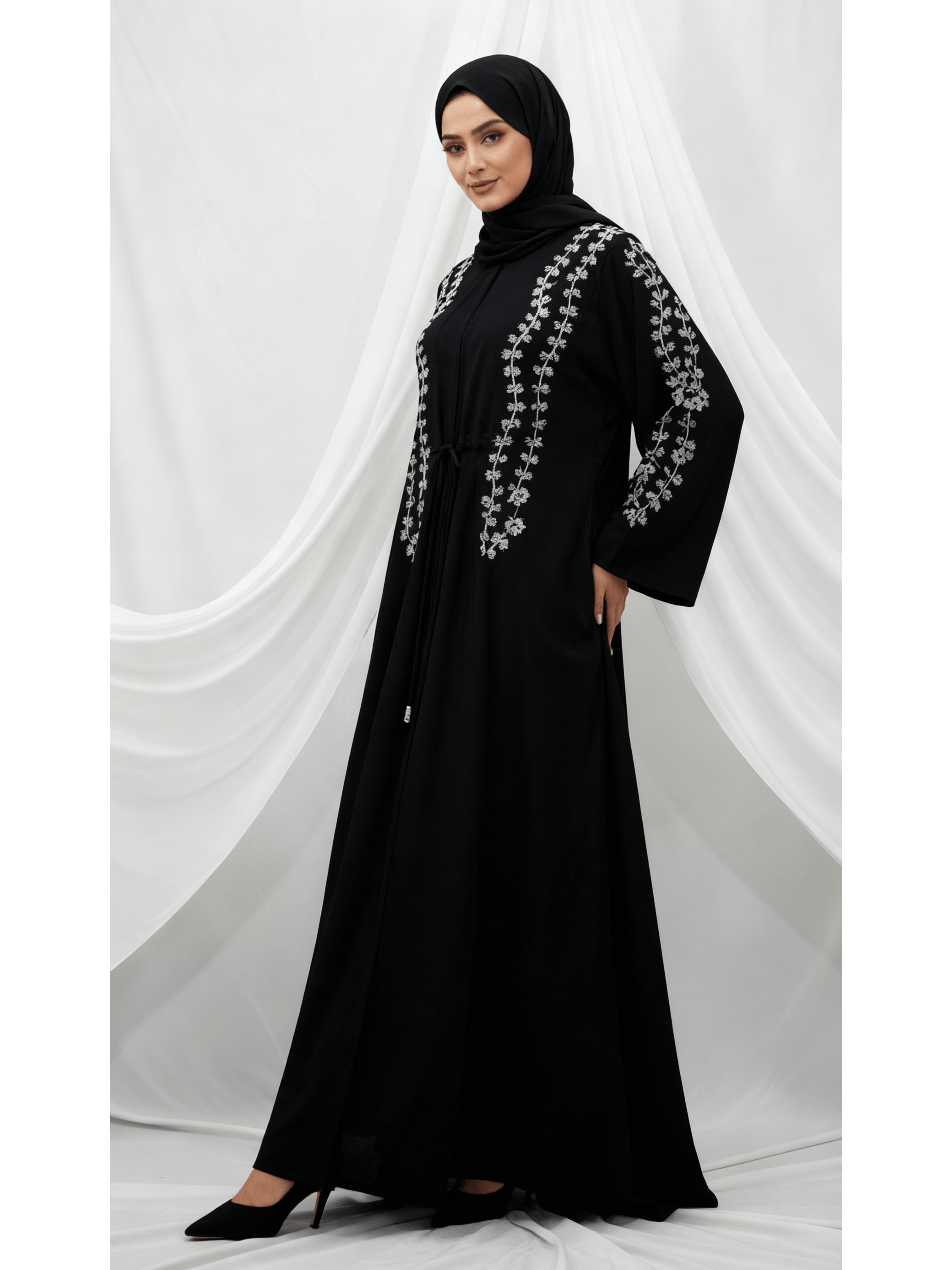 ZW 166 Aaliyah Black Abaya with Floral Embroidery – Two Colors Available