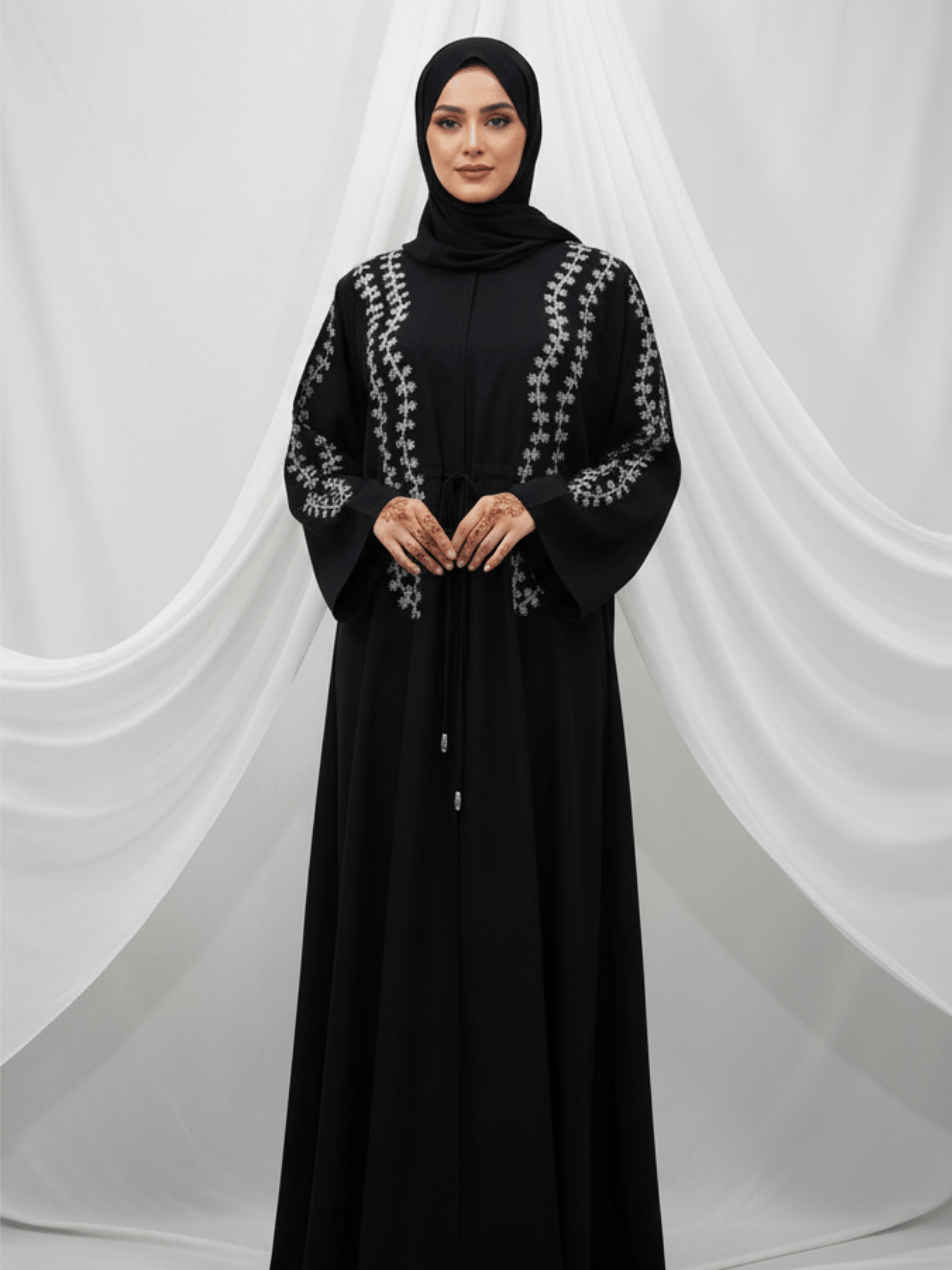 ZW 166 Aaliyah Black Abaya with Floral Embroidery – Two Colors Available